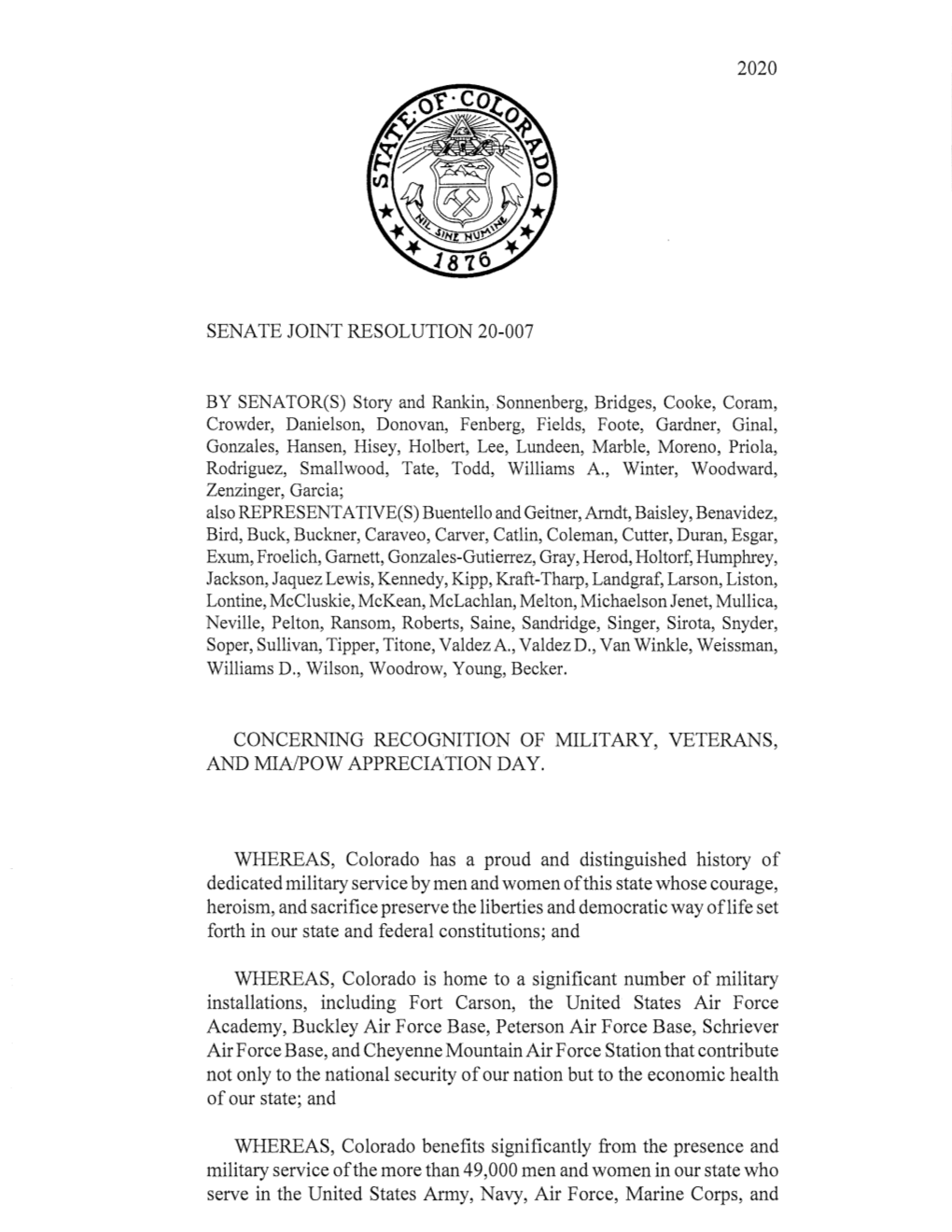 2020 Senate Joint Resolution 20-007 Concerning