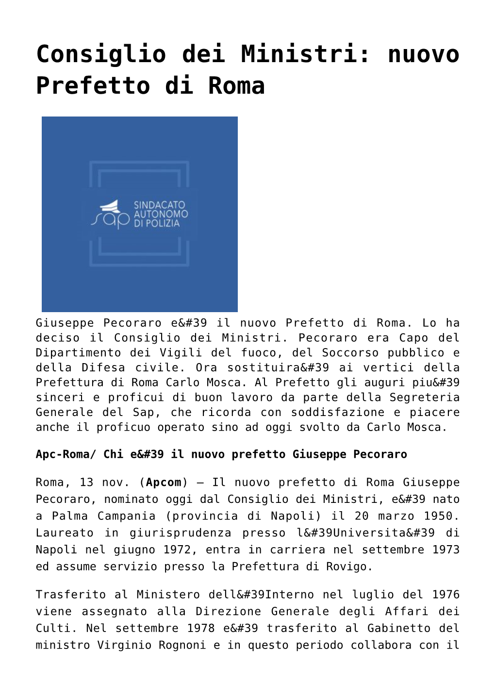 Consiglio Dei Ministri: Nuovo Prefetto Di Roma