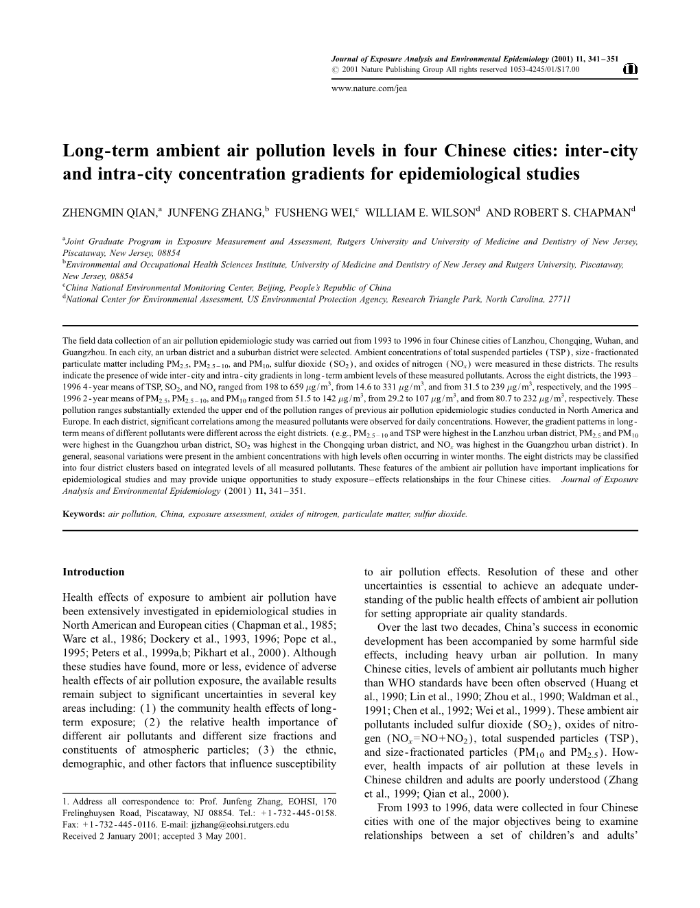 Long-Term Ambient Air Pollution Levels in Four Chinese Cities: Inter-City and Intra-City Concentration Gradients for Epidemiological Studies