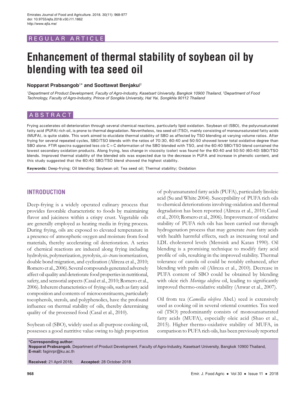 Enhancement of Thermal Stability of Soybean Oil by Blending with Tea Seed Oil