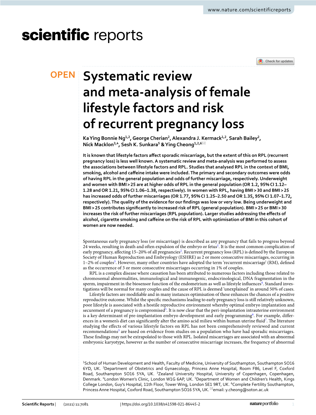 Systematic Review and Meta-Analysis of Female Lifestyle Factors and Risk Of