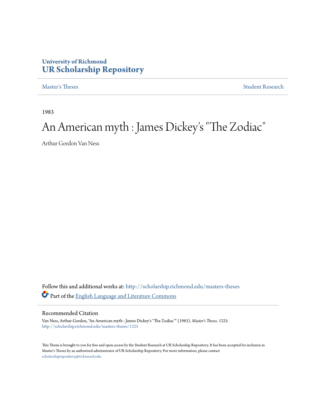 An American Myth : James Dickey's "The Zodiac" Arthur Gordon Van Ness