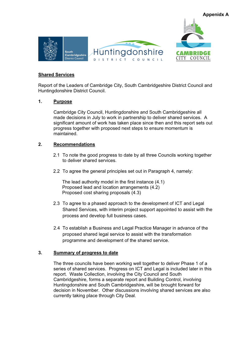 Shared Services Report of the Leaders of Cambridge City, South Cambridgeshire District Council and Huntingdonshire District Coun