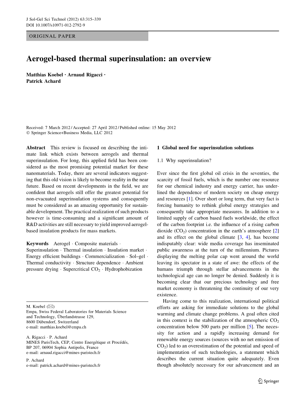 Aerogel-Based Thermal Superinsulation: an Overview