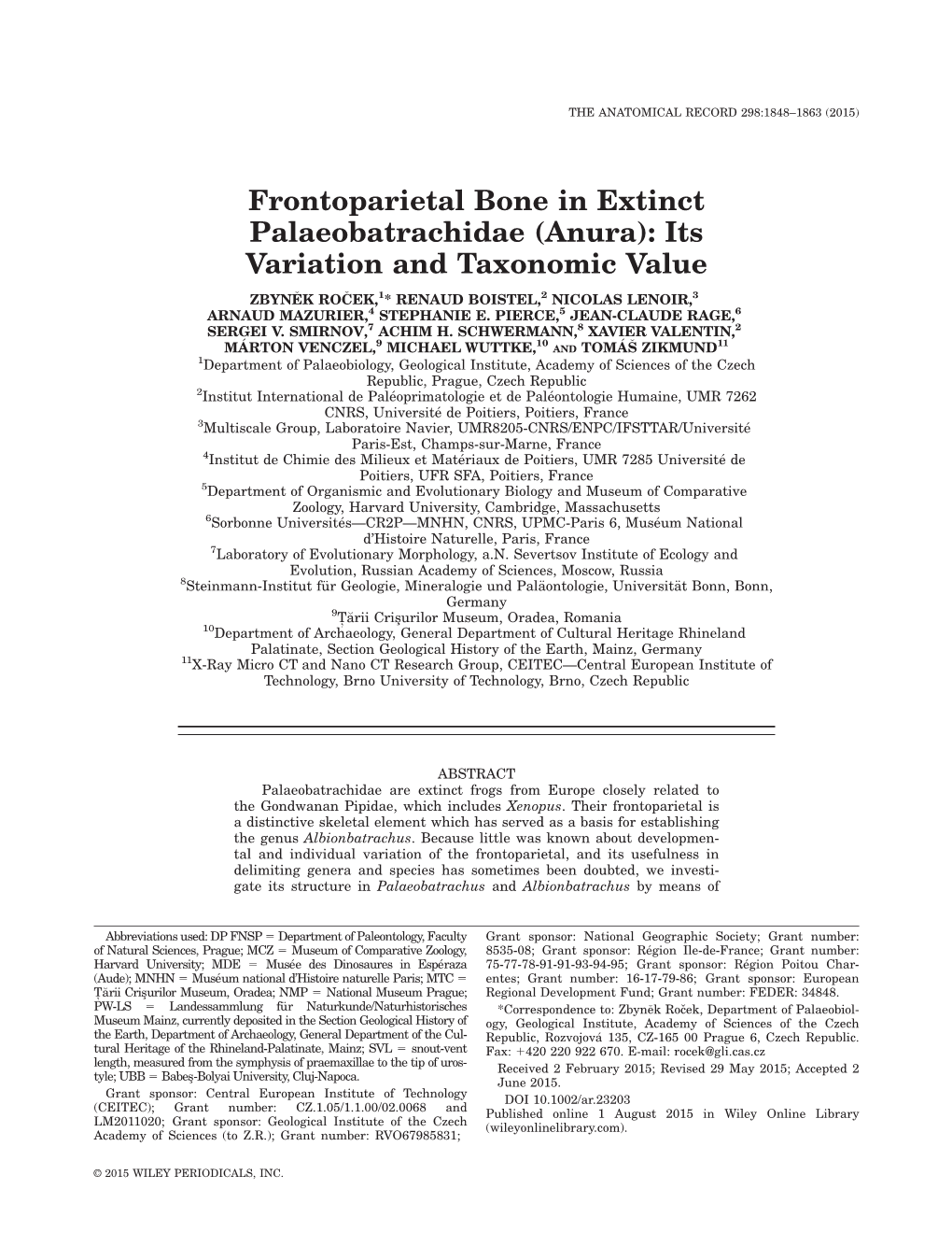 Frontoparietal Bone in Extinct Palaeobatrachidae (Anura): Its Variation and Taxonomic Value