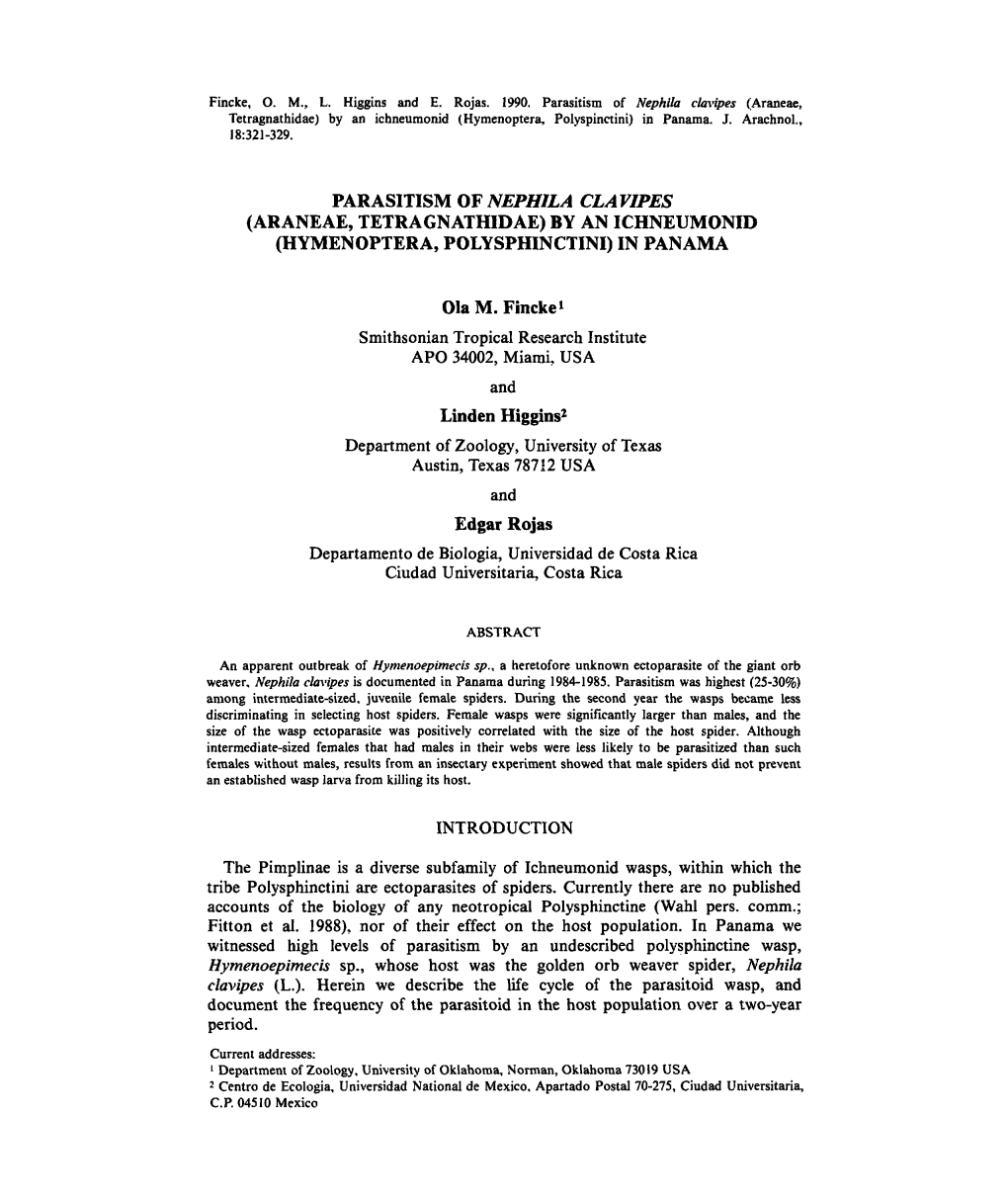 Parasitism of Nephila Clavipes (Araneae, Tetragnathidae) by an Ichneumonid (Hymenoptera, Polyspinctini) in Panama