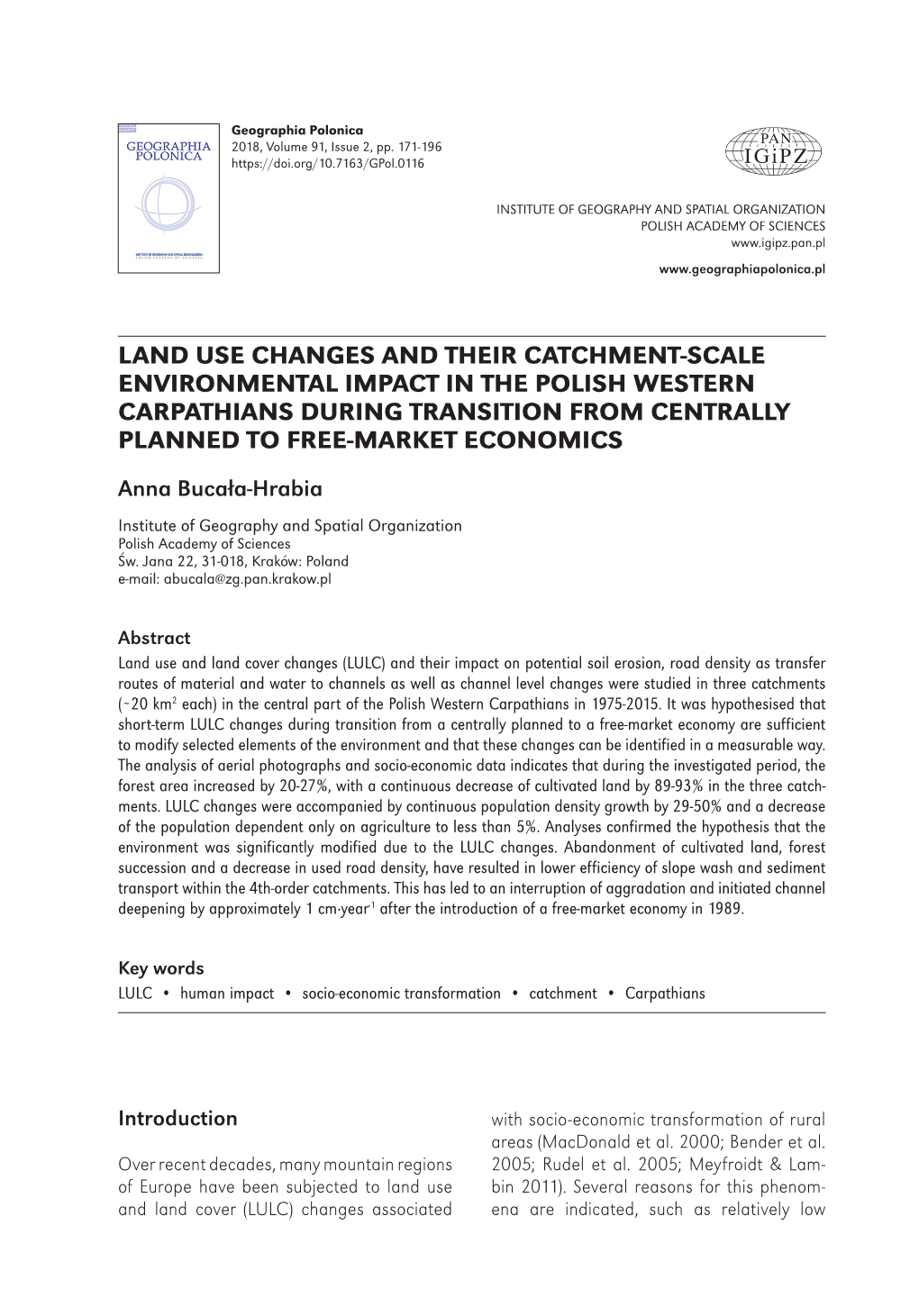 Geographia Polonica Vol. 91 No. 2 (2018), Land Use Changes and Their