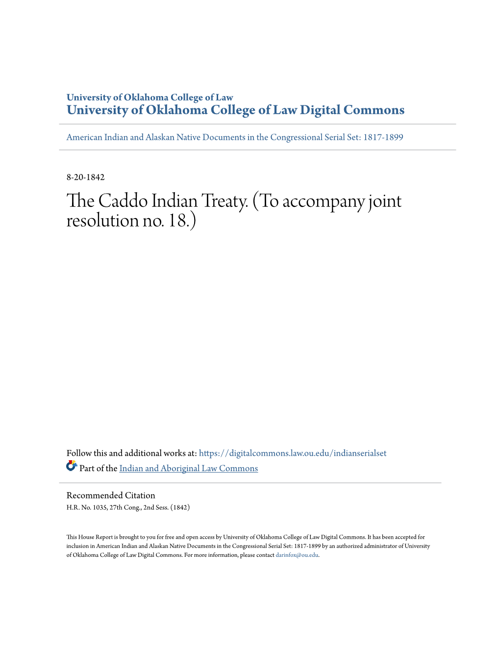 The Caddo Indian Treaty. (To Accompany Joint Resolution No. 18.)