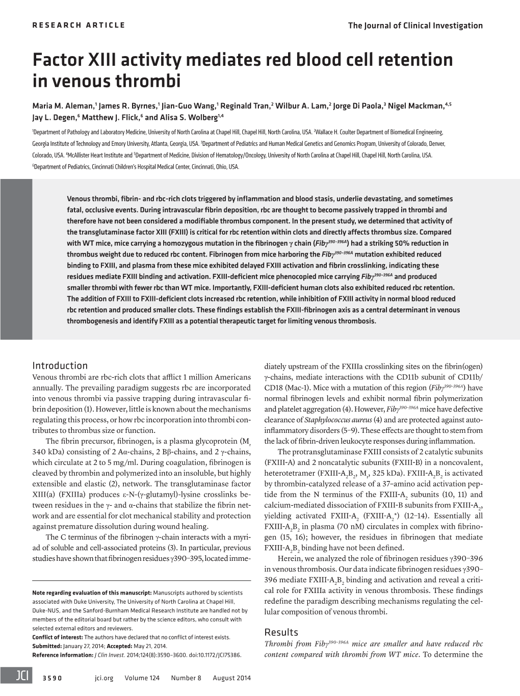 Factor XIII Activity Mediates Red Blood Cell Retention in Venous Thrombi