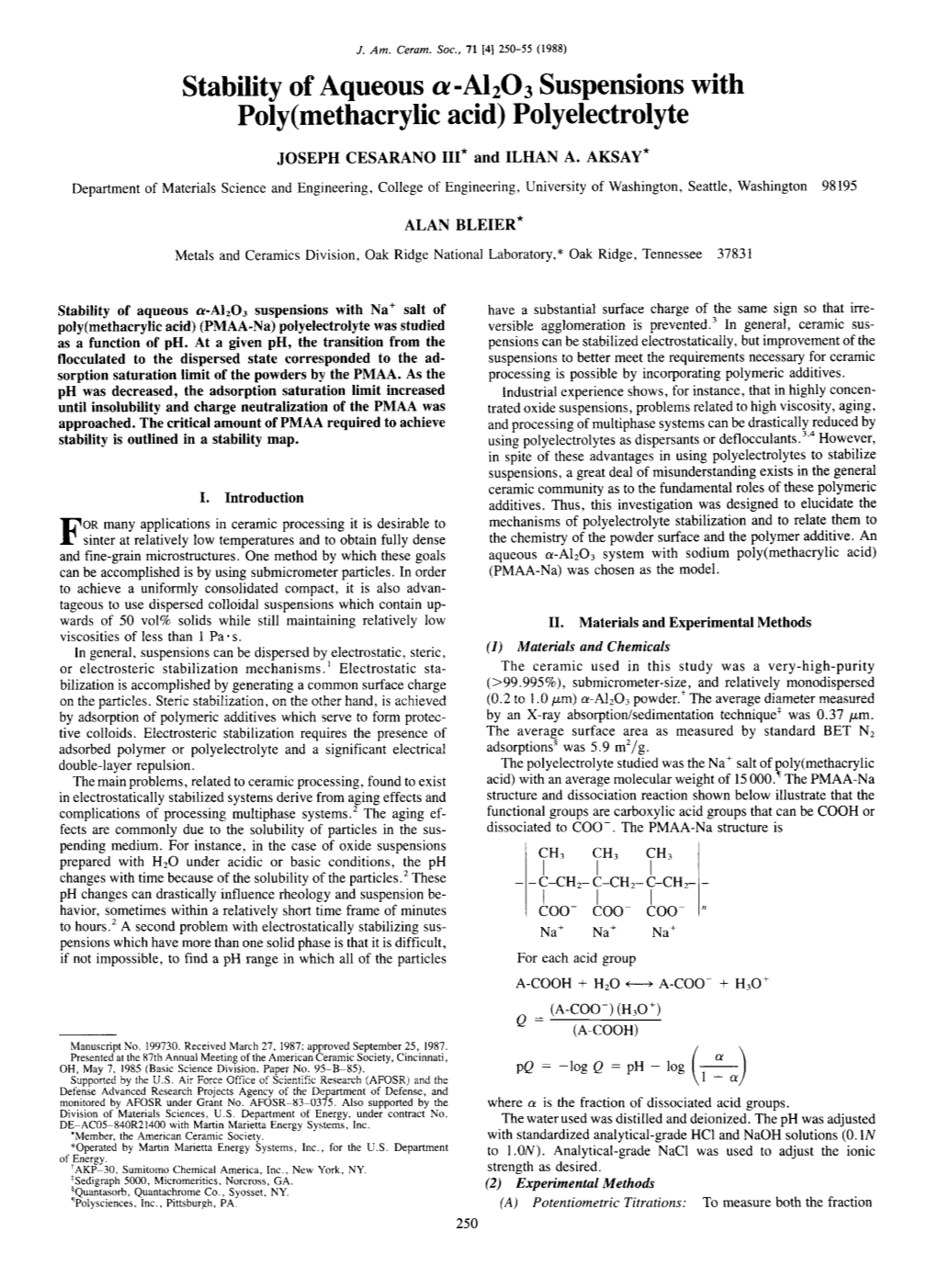 Stability of ,Aqueous a =Al203 Suspensions with Poly(Methacry1ic