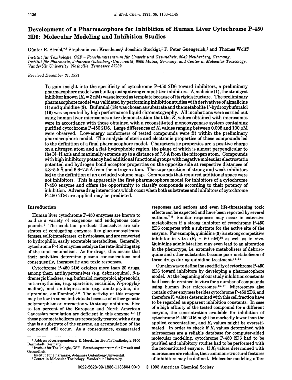 Development of a Pharmacophore for Inhibition of Human Liver Cytochrome P-450 2D6: Molecular Modeling and Inhibition Studies