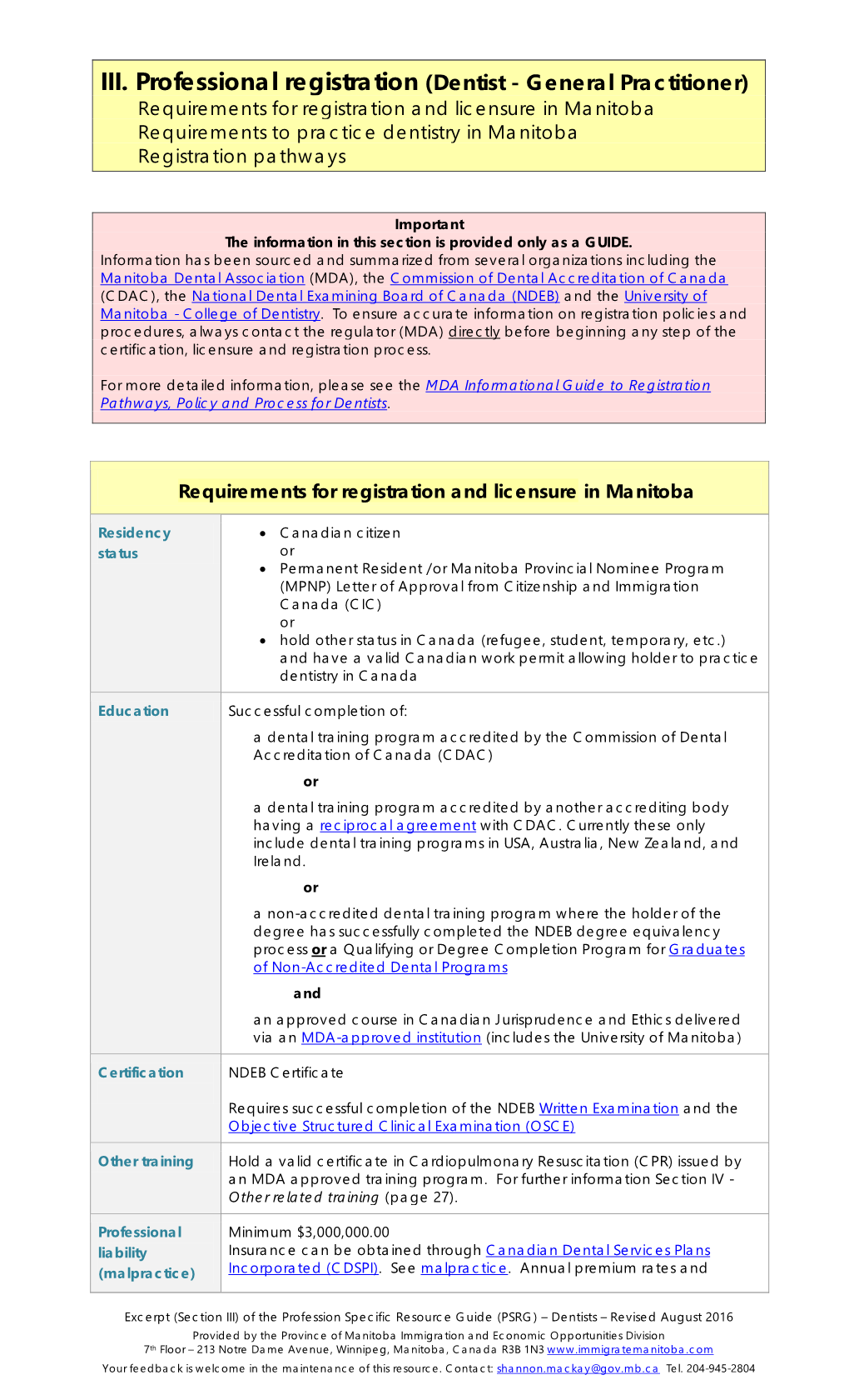 III. Professional Registration (Dentist