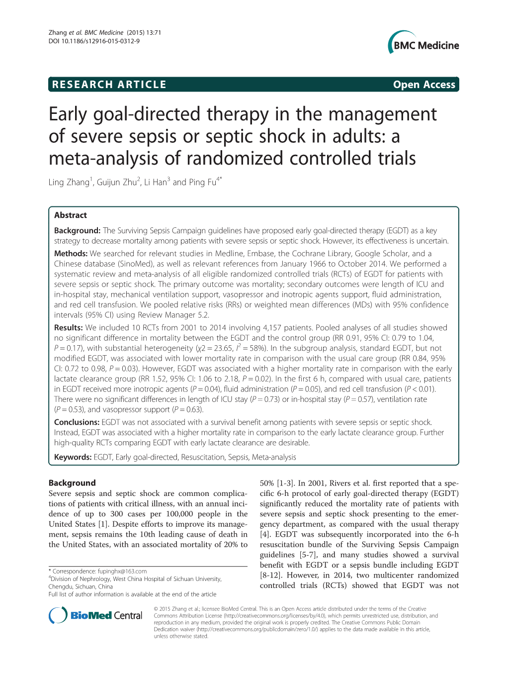 Early Goal-Directed Therapy in the Management of Severe Sepsis Or