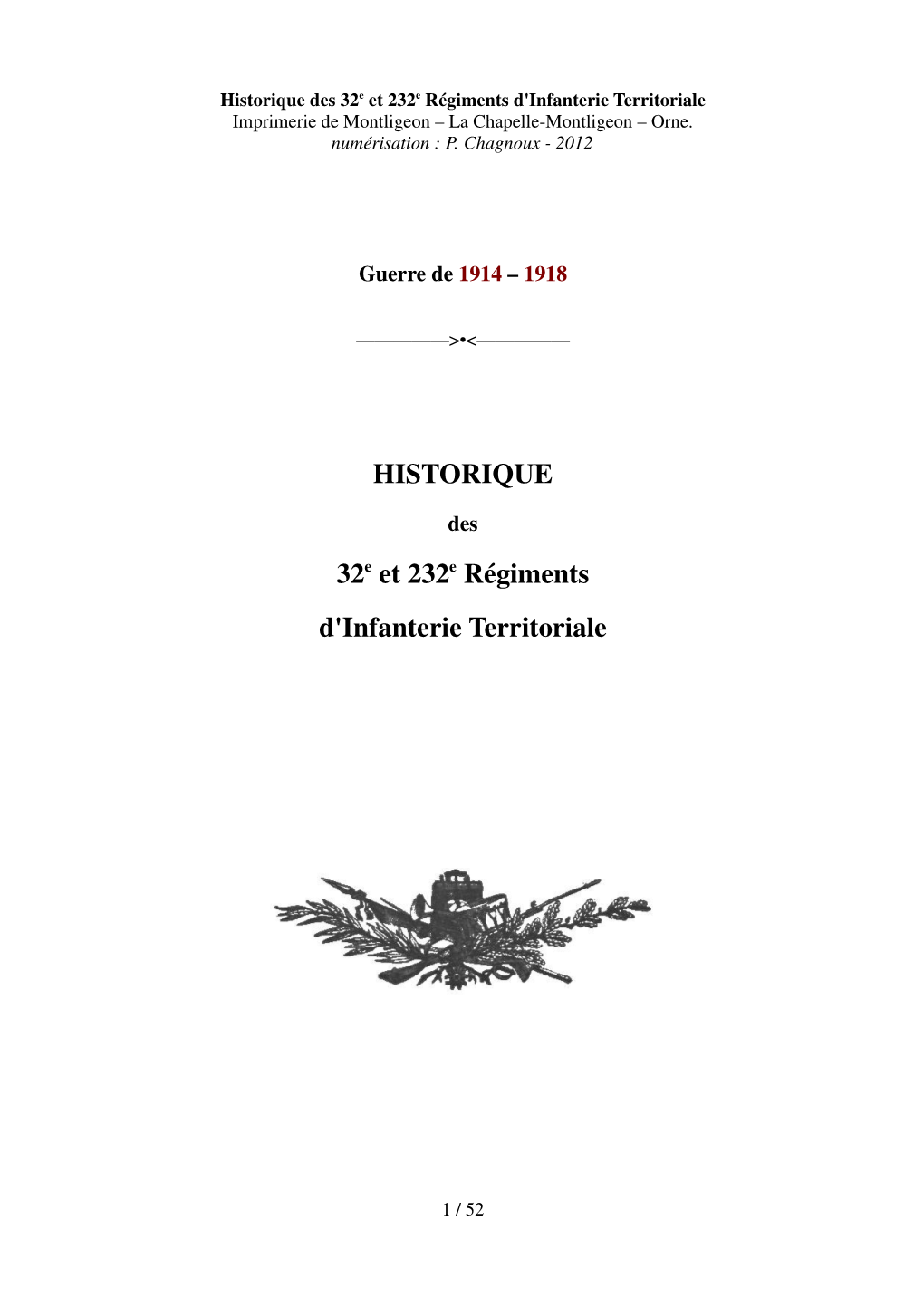 HISTORIQUE 32E Et 232E Régiments D'infanterie Territoriale