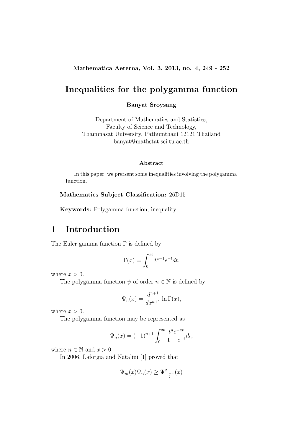 Inequalities for the Polygamma Function 1 Introduction