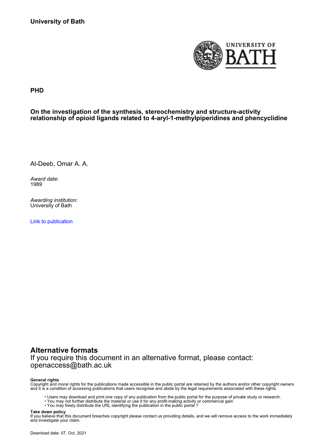 Thesis, Stereochemistry and Structure-Activity Relationship of Opioid Ligands Related to 4-Aryl-1-Methylpiperidines and Phencyclidine