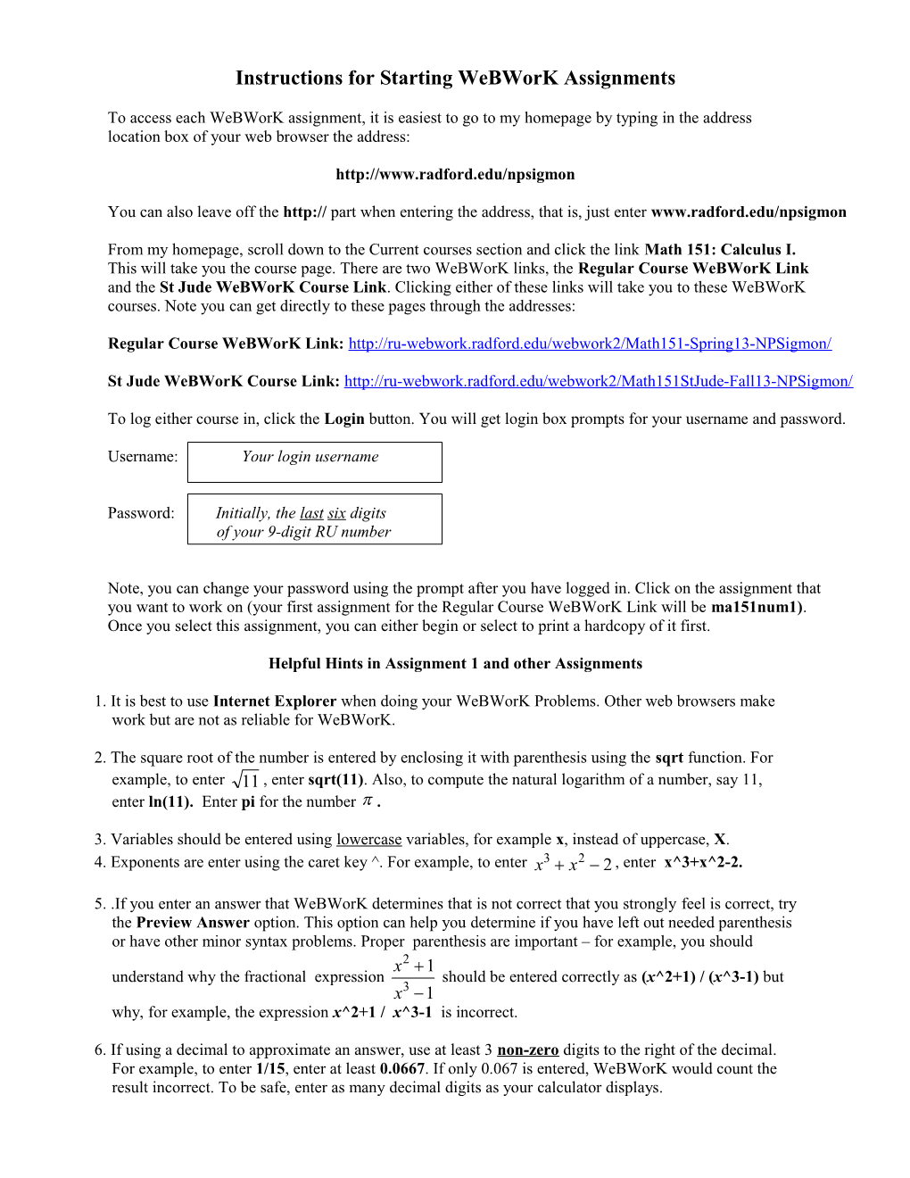 Instructions for Webwork Assignments