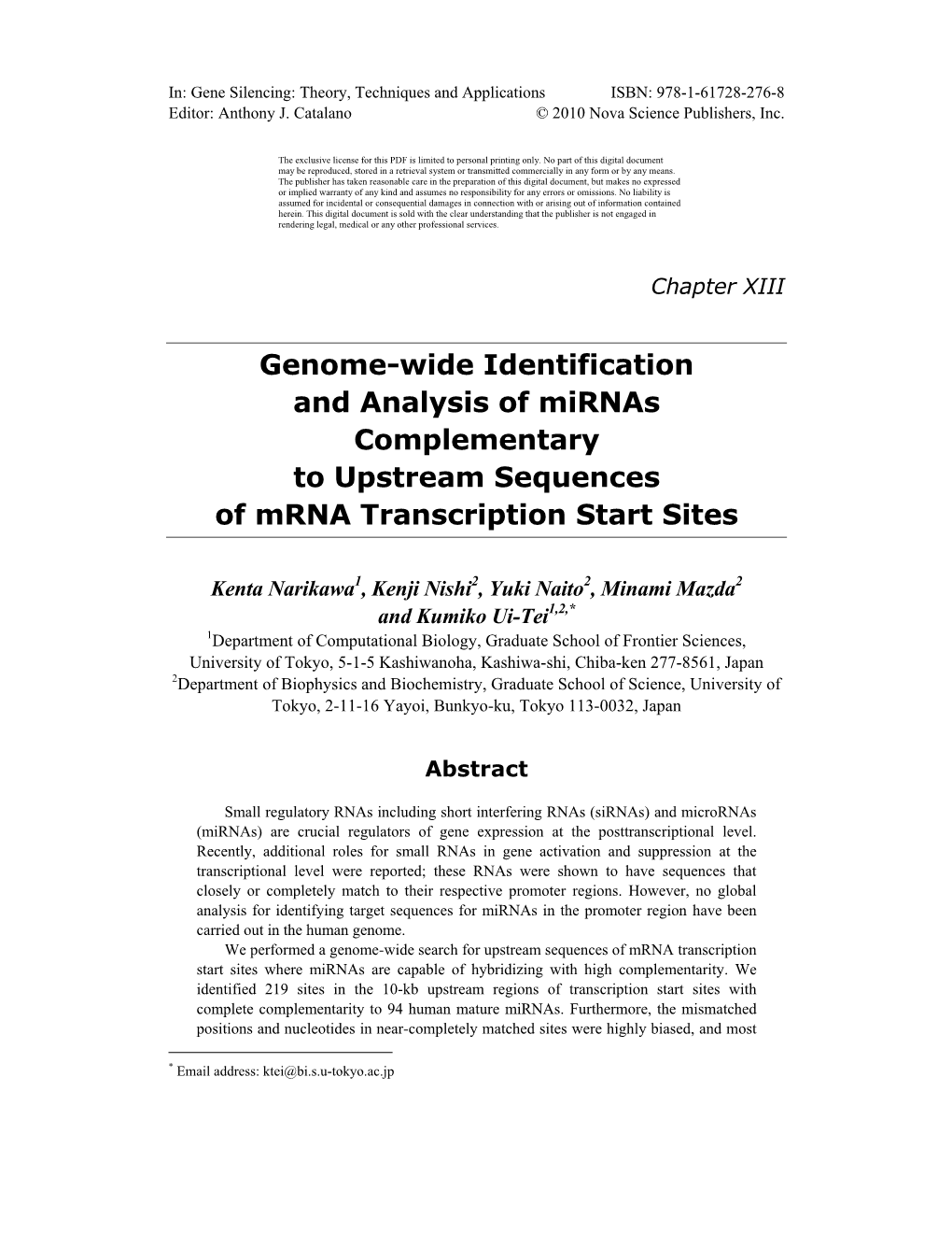 Genome-Wide Identification and Analysis of Mirnas Complementary to Upstream Sequences of Mrna Transcription Start Sites