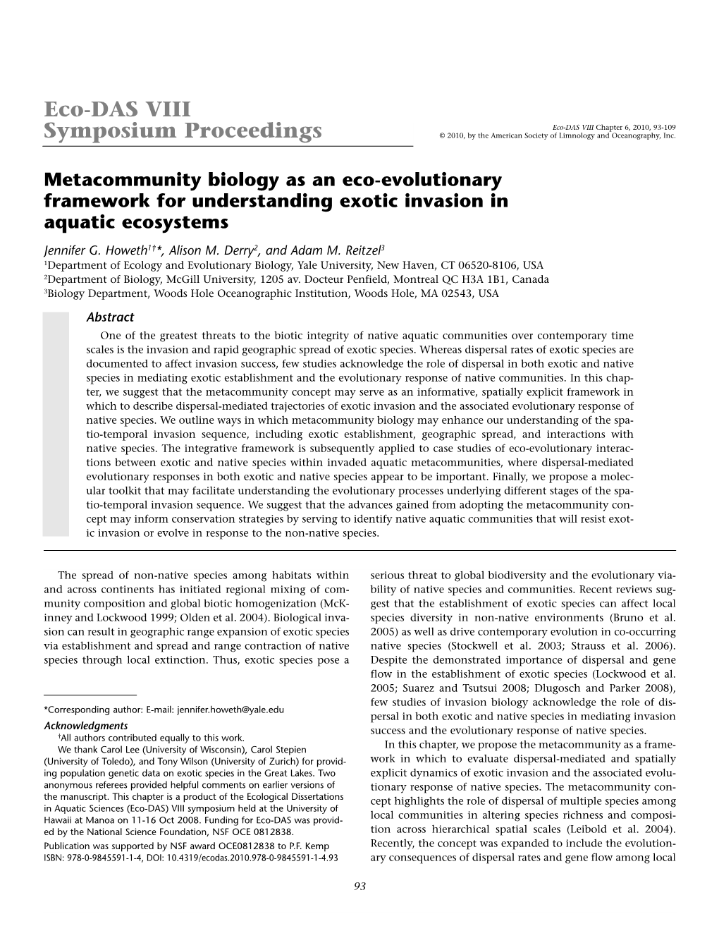 Jennifer G. Howeth, Et Al. Metacommunity Biology As an Eco