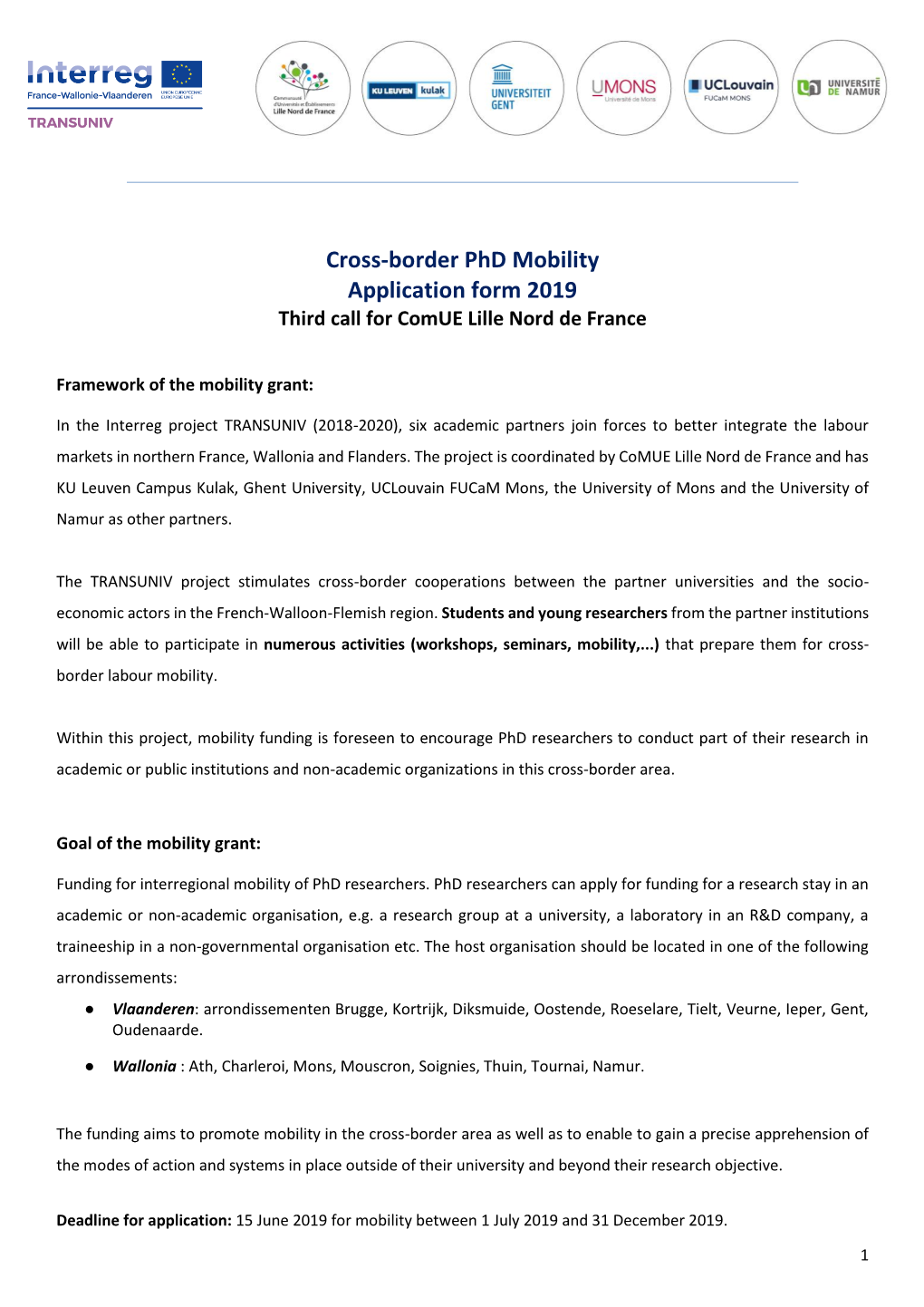 Cross-Border Phd Mobility Application Form 2019 Third Call for Comue Lille Nord De France