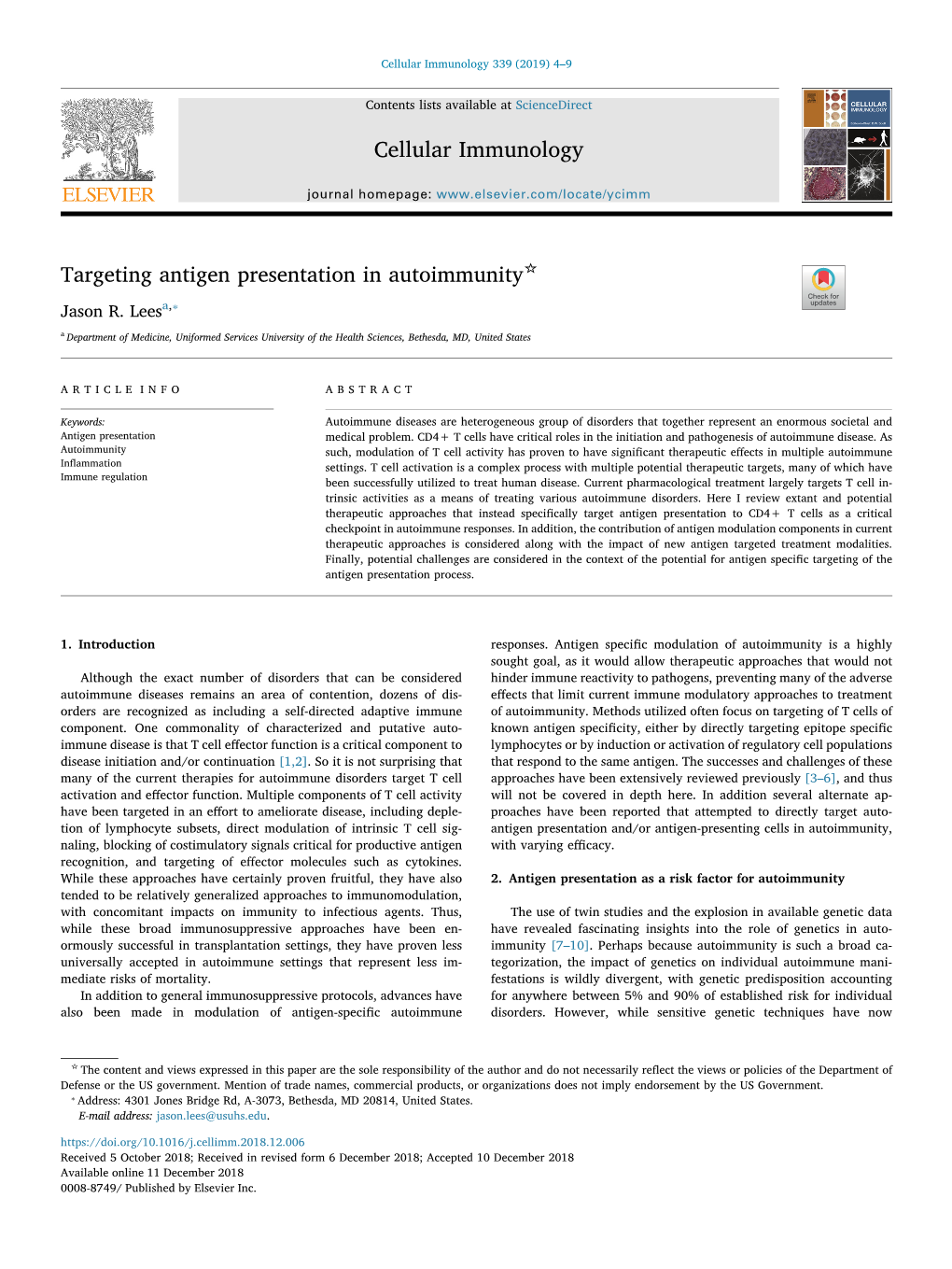 Cellular Immunology Targeting Antigen Presentation in Autoimmunity