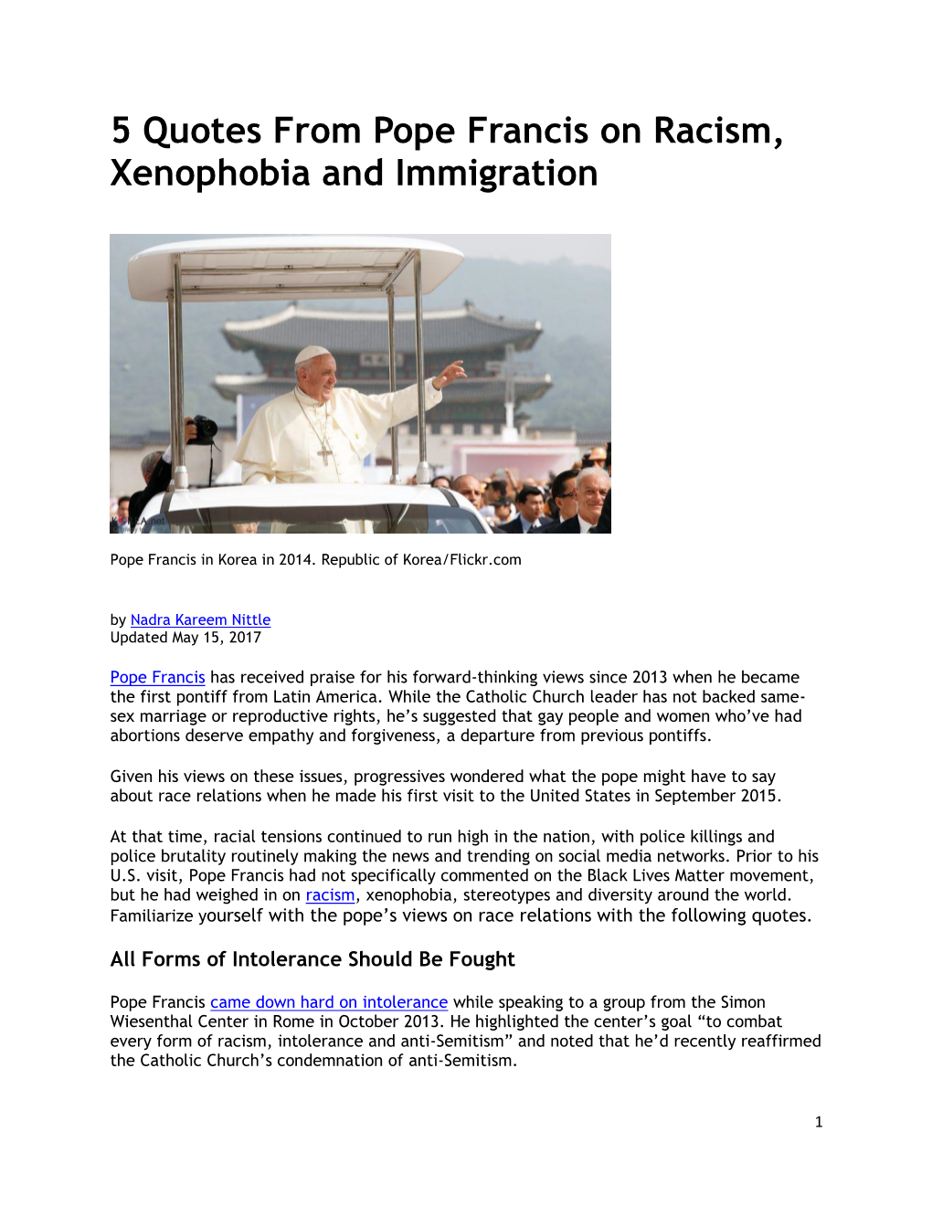 5 Quotes from Pope Francis on Racism, Xenophobia and Immigration