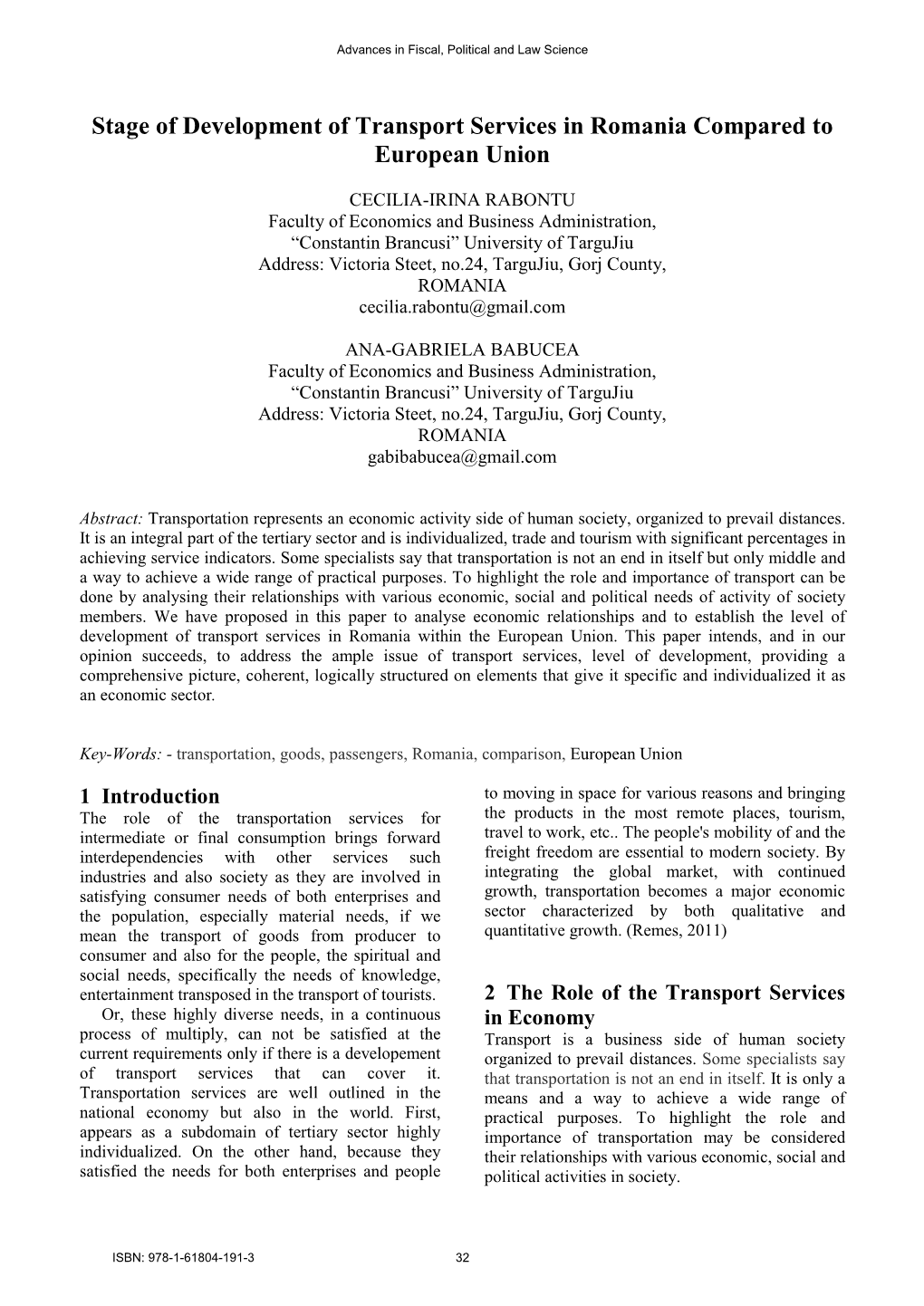 Stage of Development of Transport Services in Romania Compared to European Union