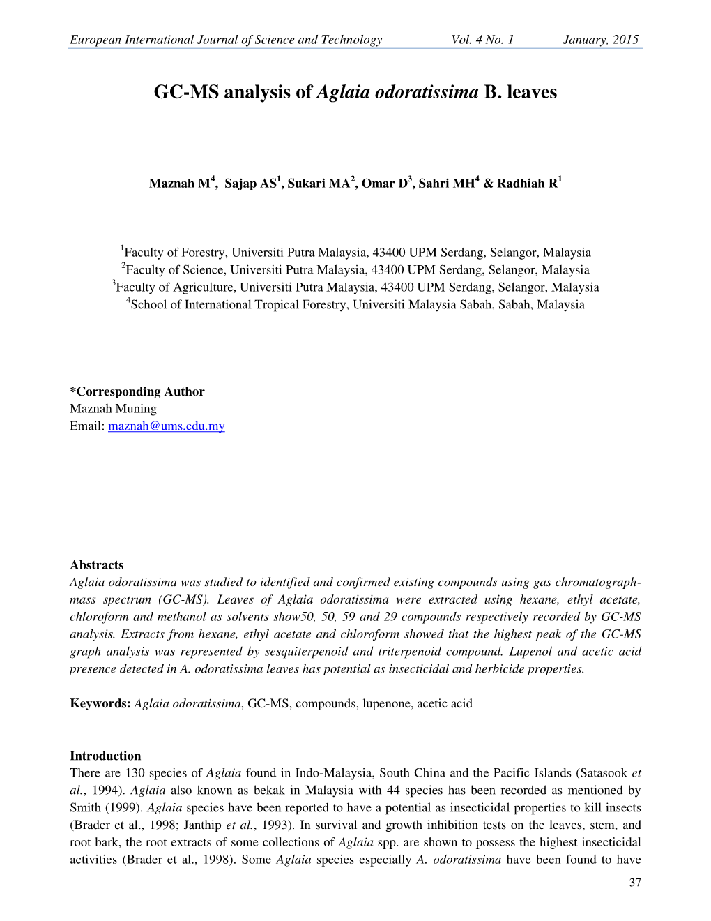 GC-MS Analysis of Aglaia Odoratissima B. Leaves