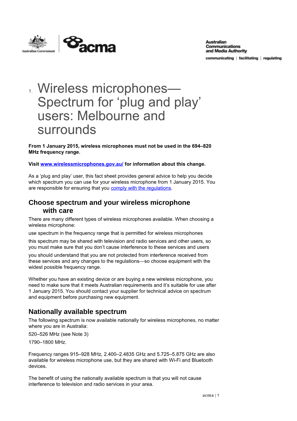 Wireless Microphones Spectrum for Plug and Play Users: Melbourne and Surrounds