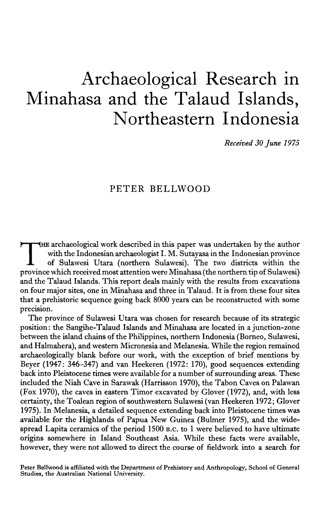 Archaeological Research in Minahasa and the Talaud Islands, Northeastern Indonesia