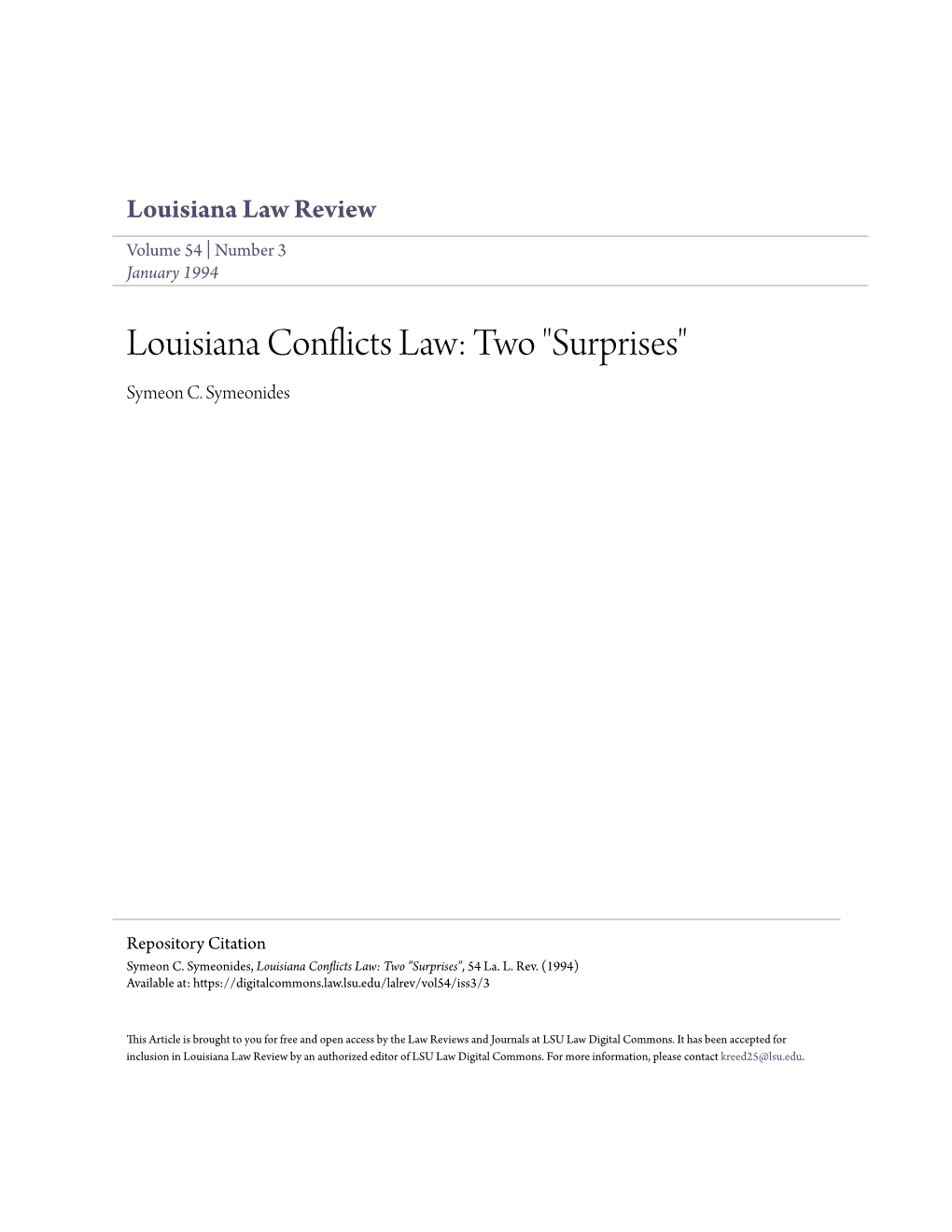 Louisiana Conflicts Law: Two "Surprises" Symeon C