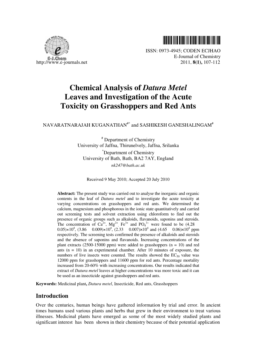 Chemical Analysis of Datura Metel Leaves and Investigation of the Acute Toxicity on Grasshoppers and Red Ants