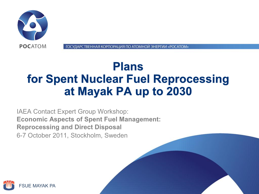 Plans for Spent Nuclear Fuel Reprocessing at Mayak PA up to 2030