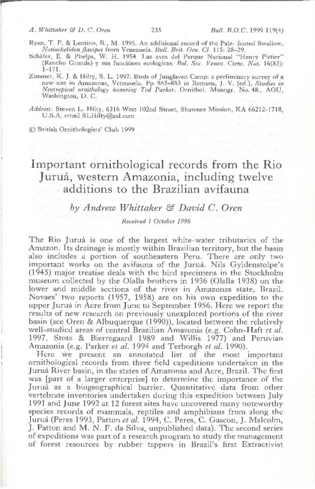 Important Ornithological Record S from the Rio Juruá, Western Amazonia, Including Twelve Additions to the Brazijian Avifauna