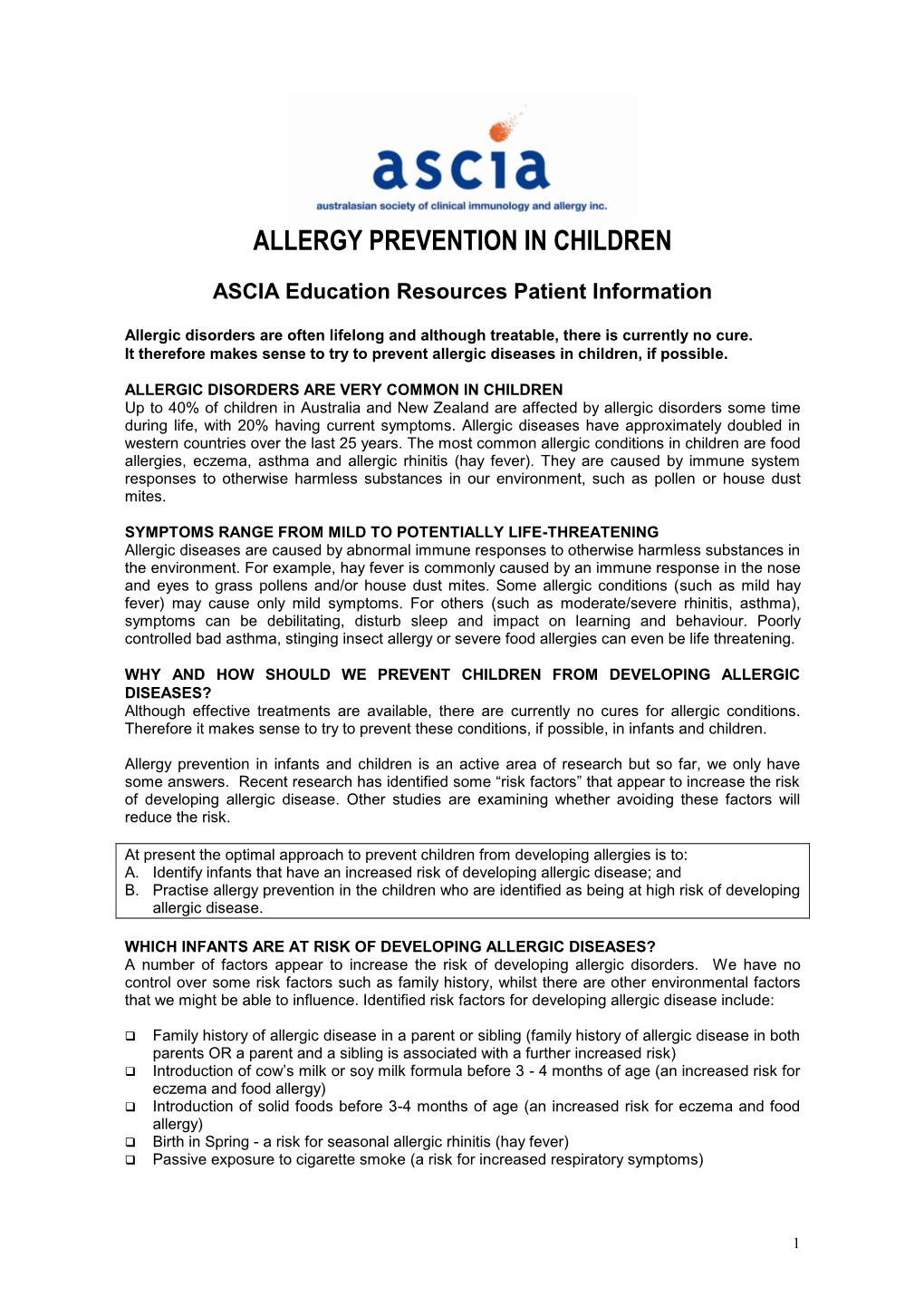 Allergy Prevention in Children