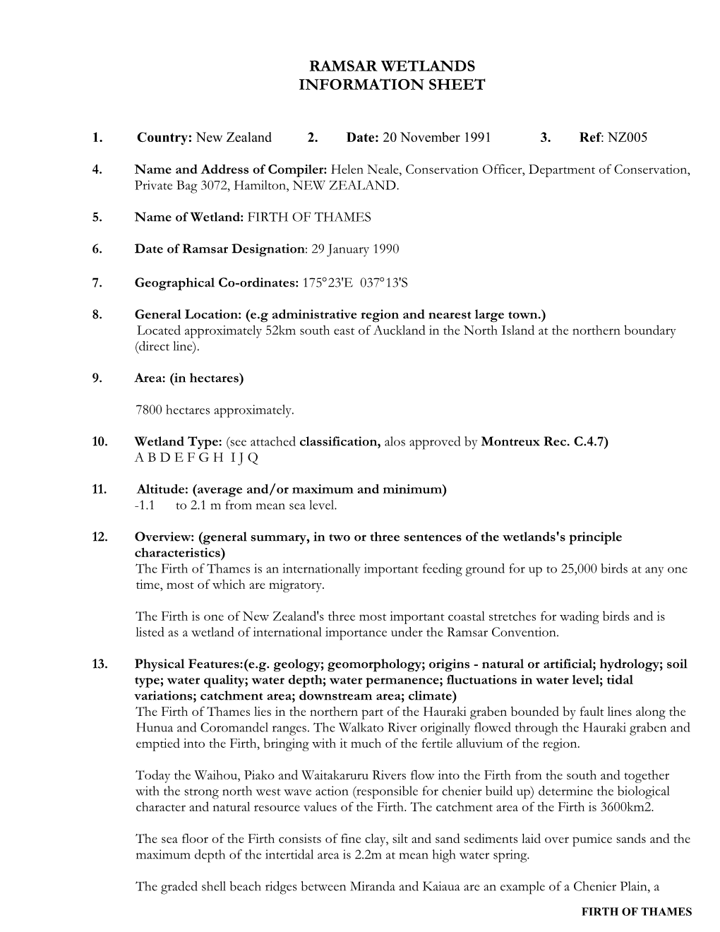 Ramsar Wetlands Information Sheet