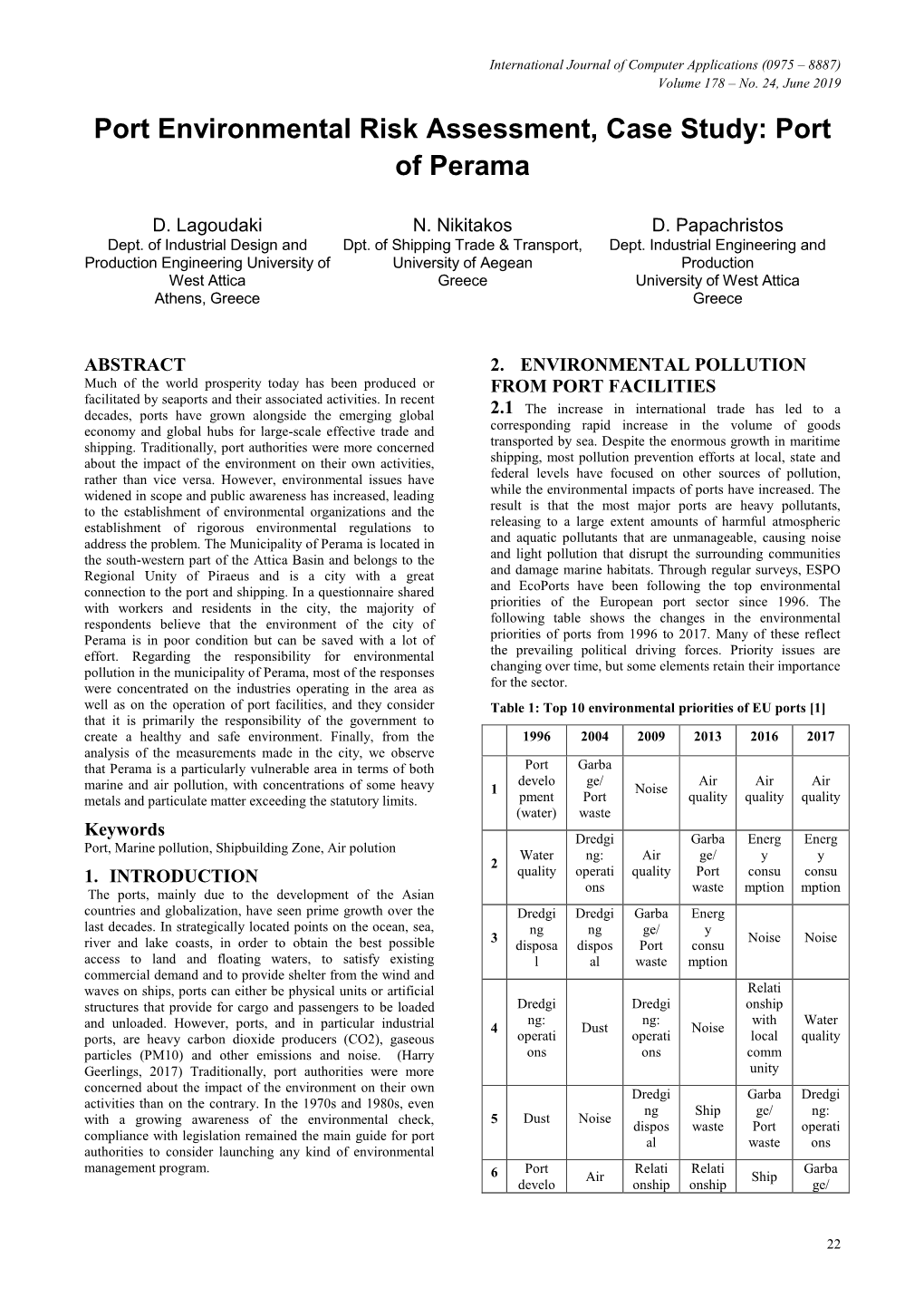 Port Environmental Risk Assessment, Case Study: Port of Perama