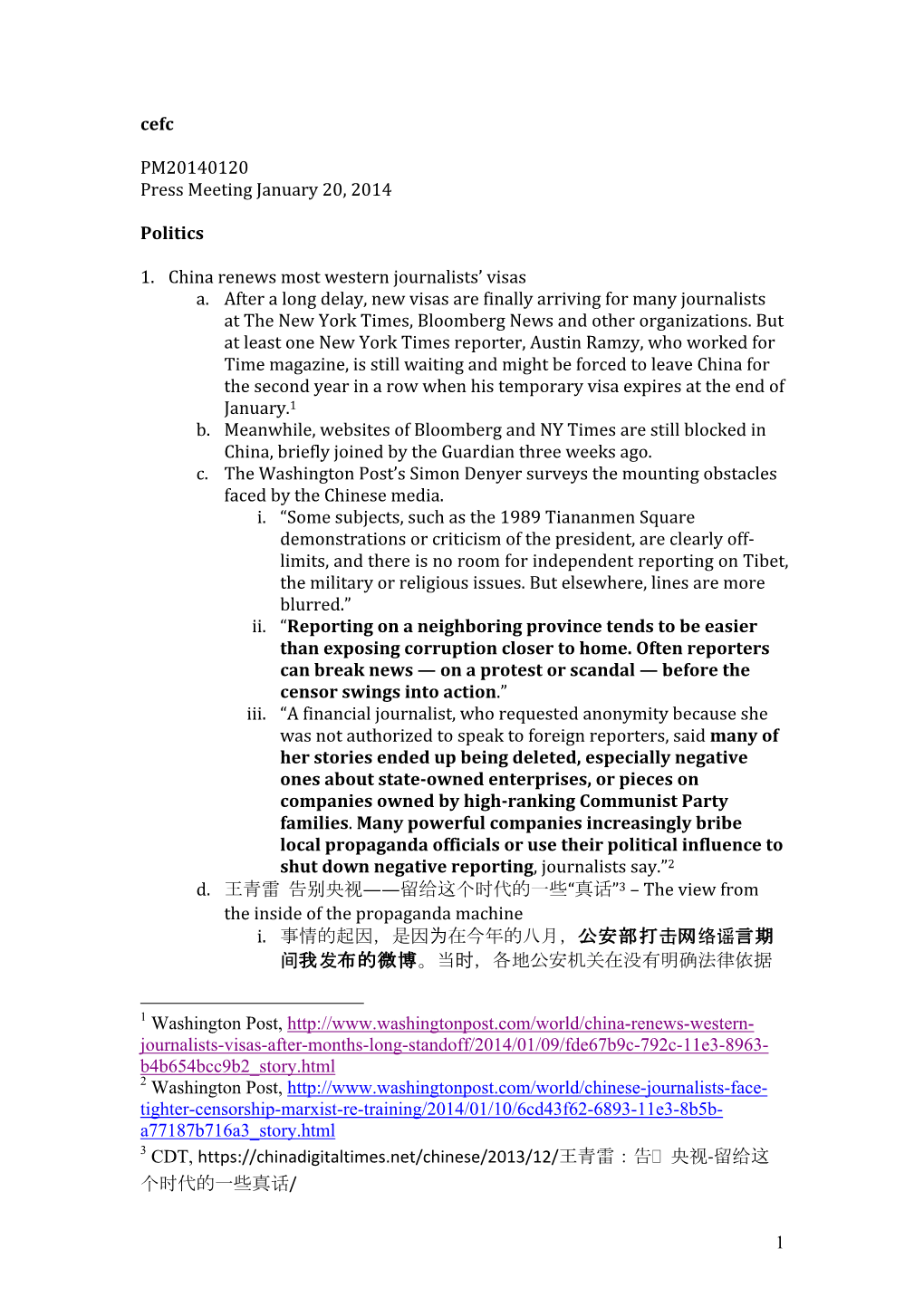 1 Cefc PM20140120 Press Meeting January 20, 2014 Politics 1. China