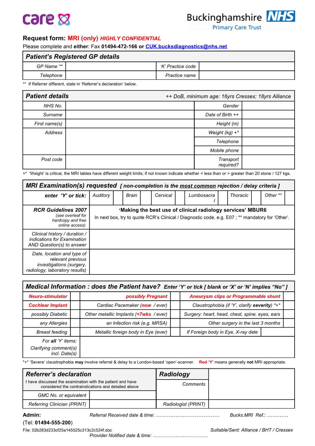 Mri Request Form