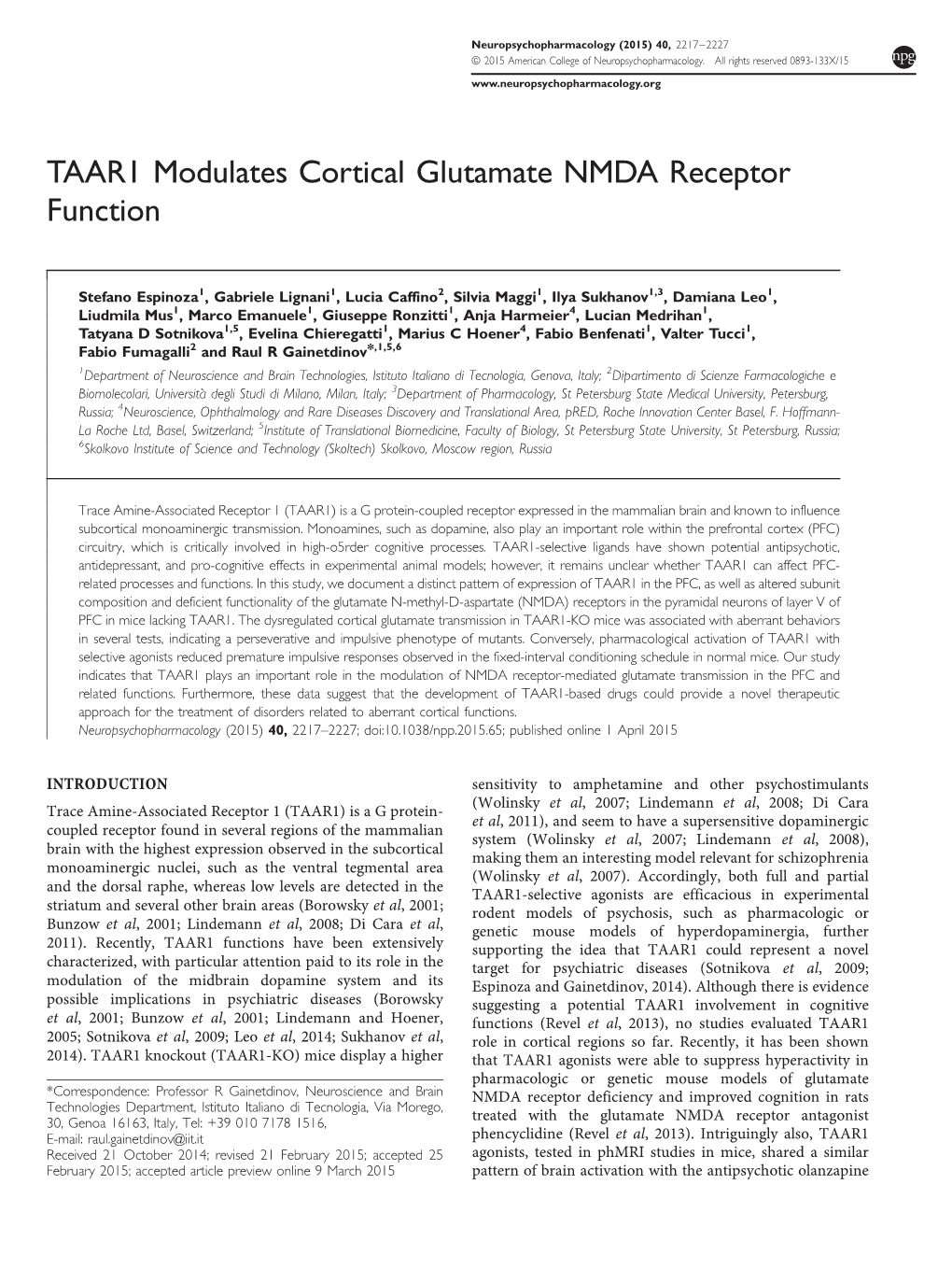 TAAR1 Modulates Cortical Glutamate NMDA Receptor Function