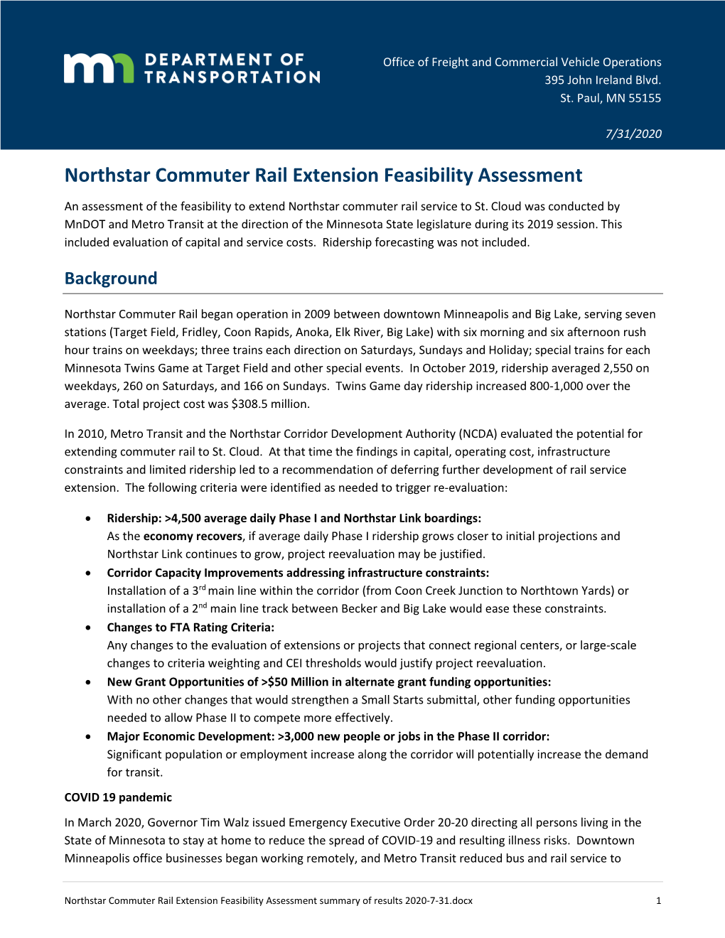 Northstar Commuter Rail Extension Feasibility Assessment: Summary