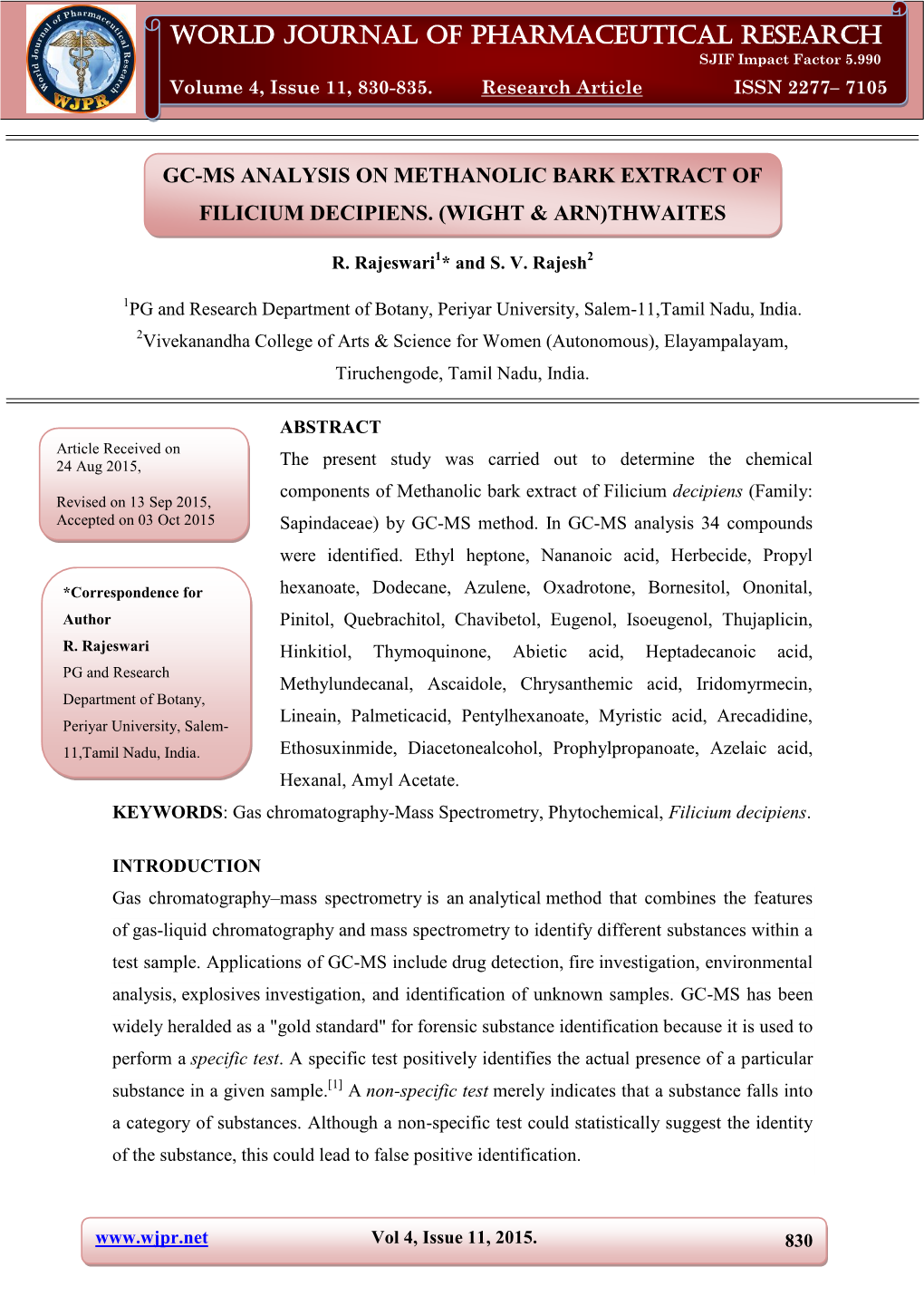 World Journal of Pharmaceutical Research Rajeswari Et Al