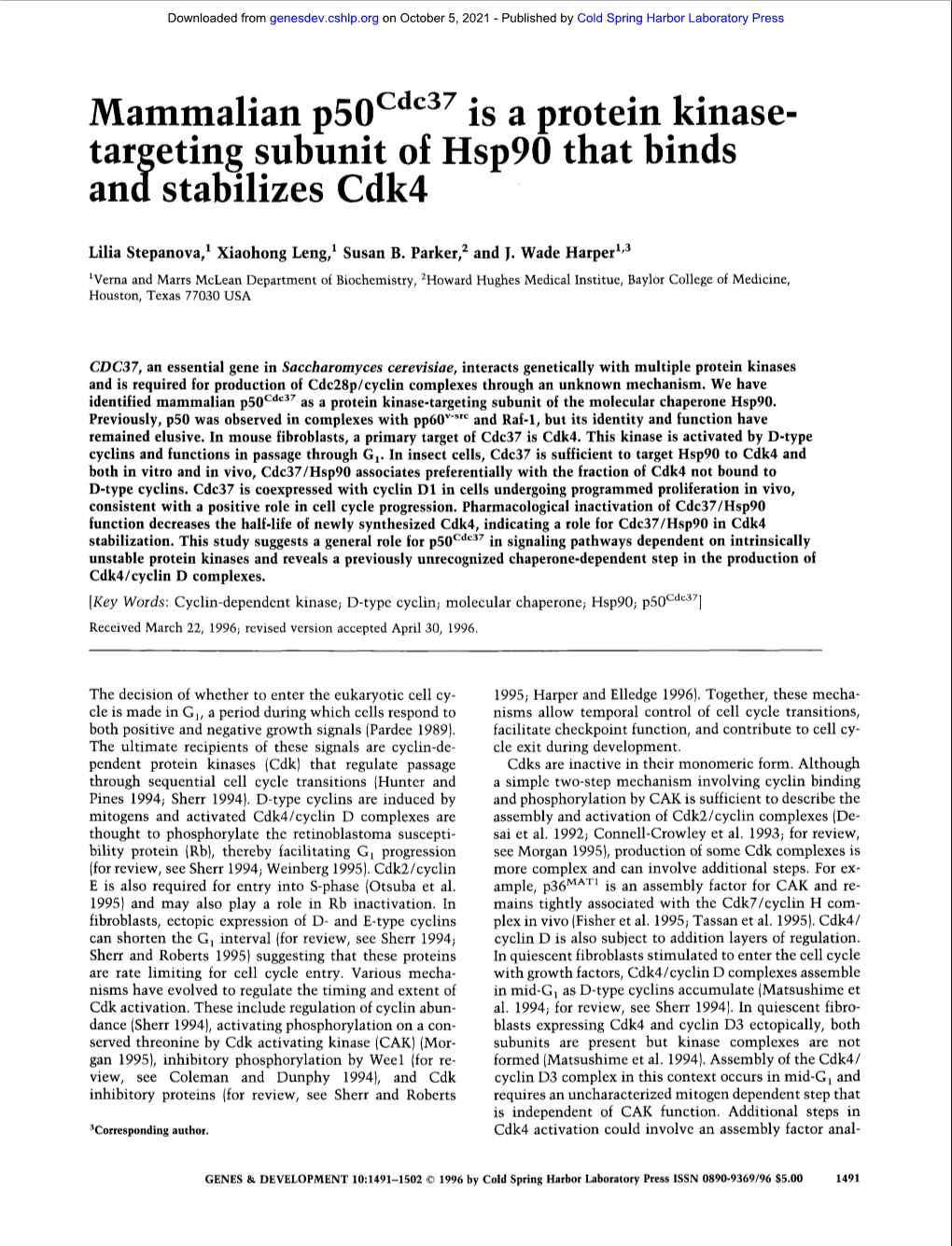 Mammalian P50cdc37 Is a Protein Kinase-Targeting Subunit of Hsp90 That Binds and Stabilizes Cdk4