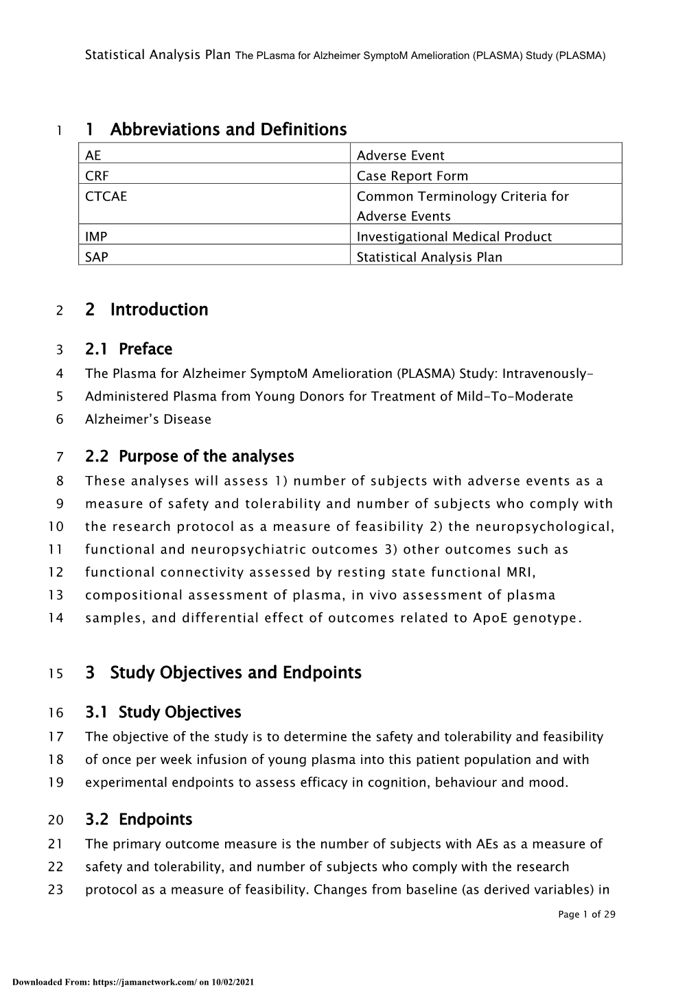 Safety, Tolerability, and Feasibility of Young Plasma