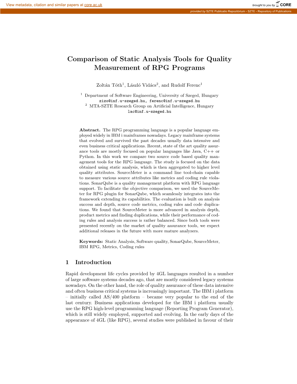 Comparison of Static Analysis Tools for Quality Measurement of RPG Programs