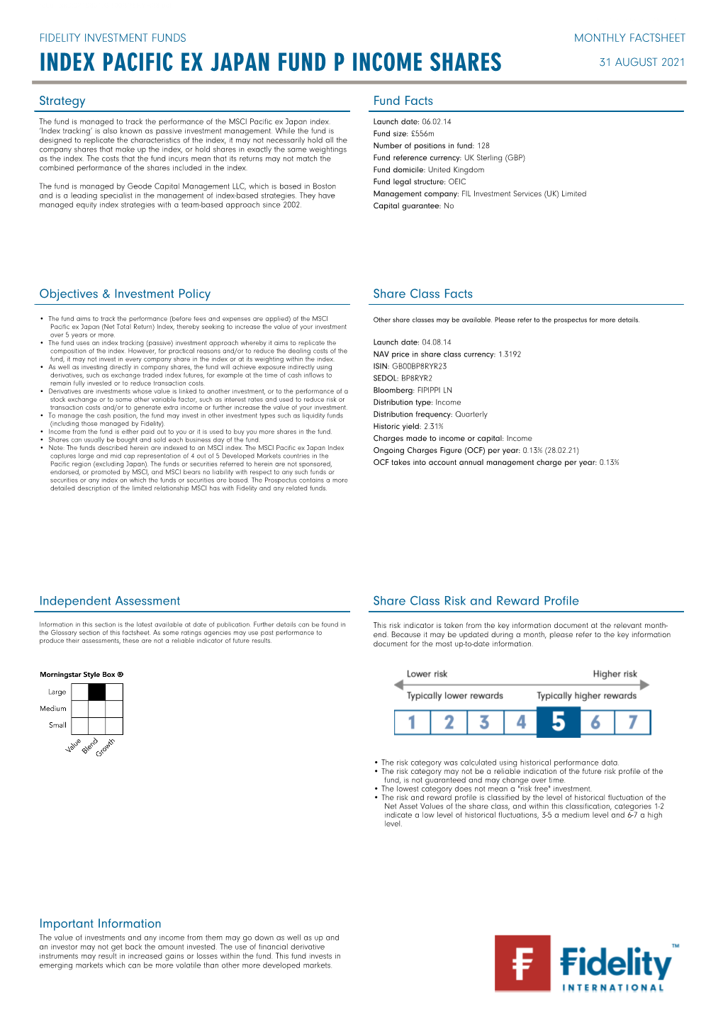 Pacific Ex Japan Fund P Income Shares FIDELITY INVESTMENT FUNDS MONTHLY FACTSHEET INDEX PACIFIC EX JAPAN FUND P INCOME SHARES 31 AUGUST 2021