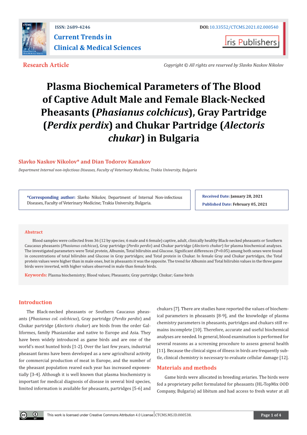 Plasma Biochemical Parameters of the Blood of Captive Adult Male and Female Black-Necked Pheasants