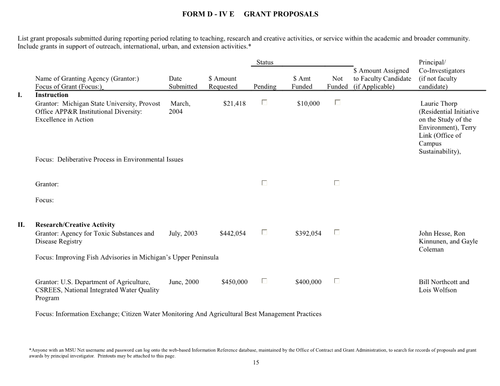 List Grant Proposals Submitted During Reporting Period Relating to Teaching, Research And