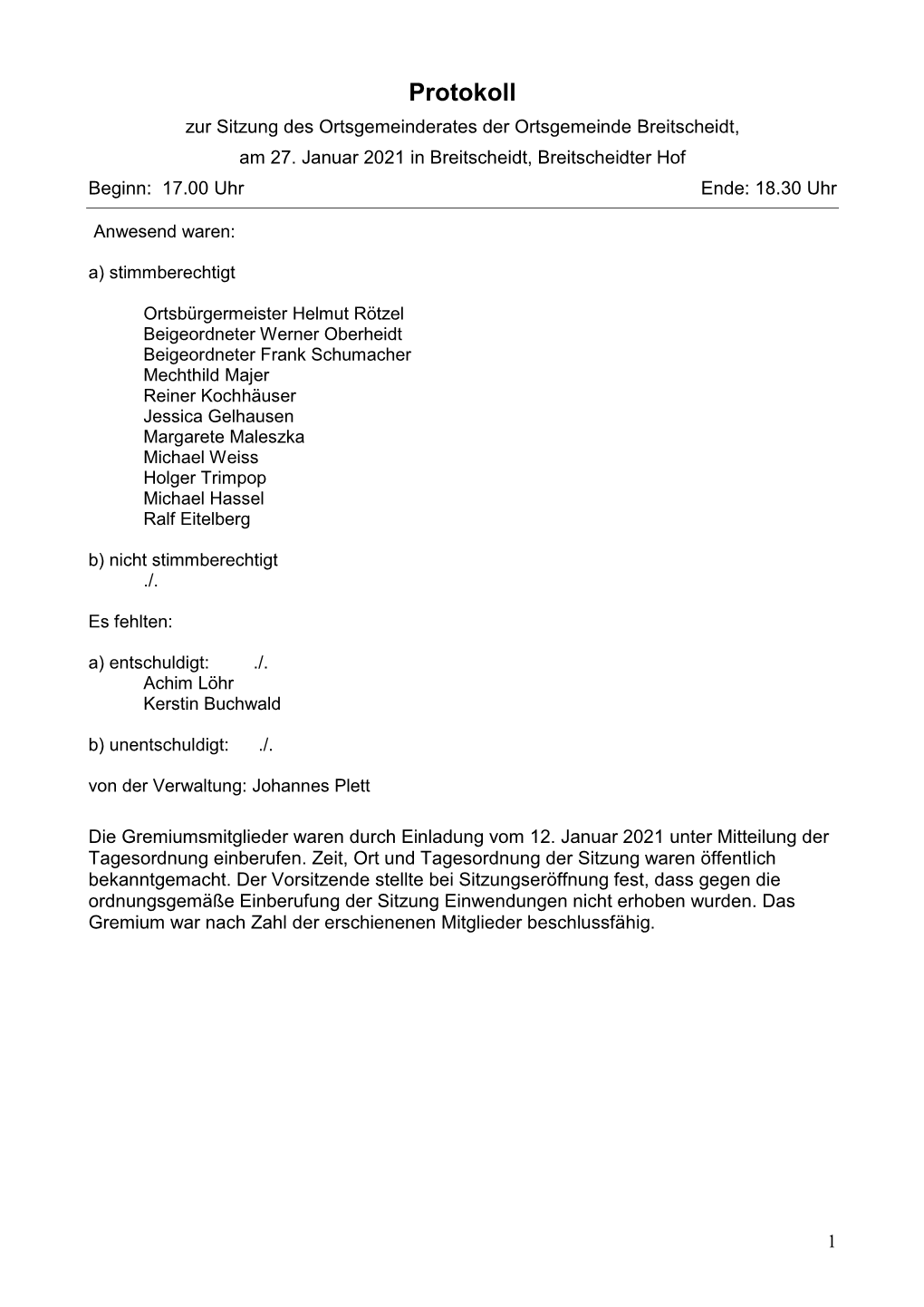 Protokoll Zur Sitzung Des Ortsgemeinderates Der Ortsgemeinde Breitscheidt, Am 27