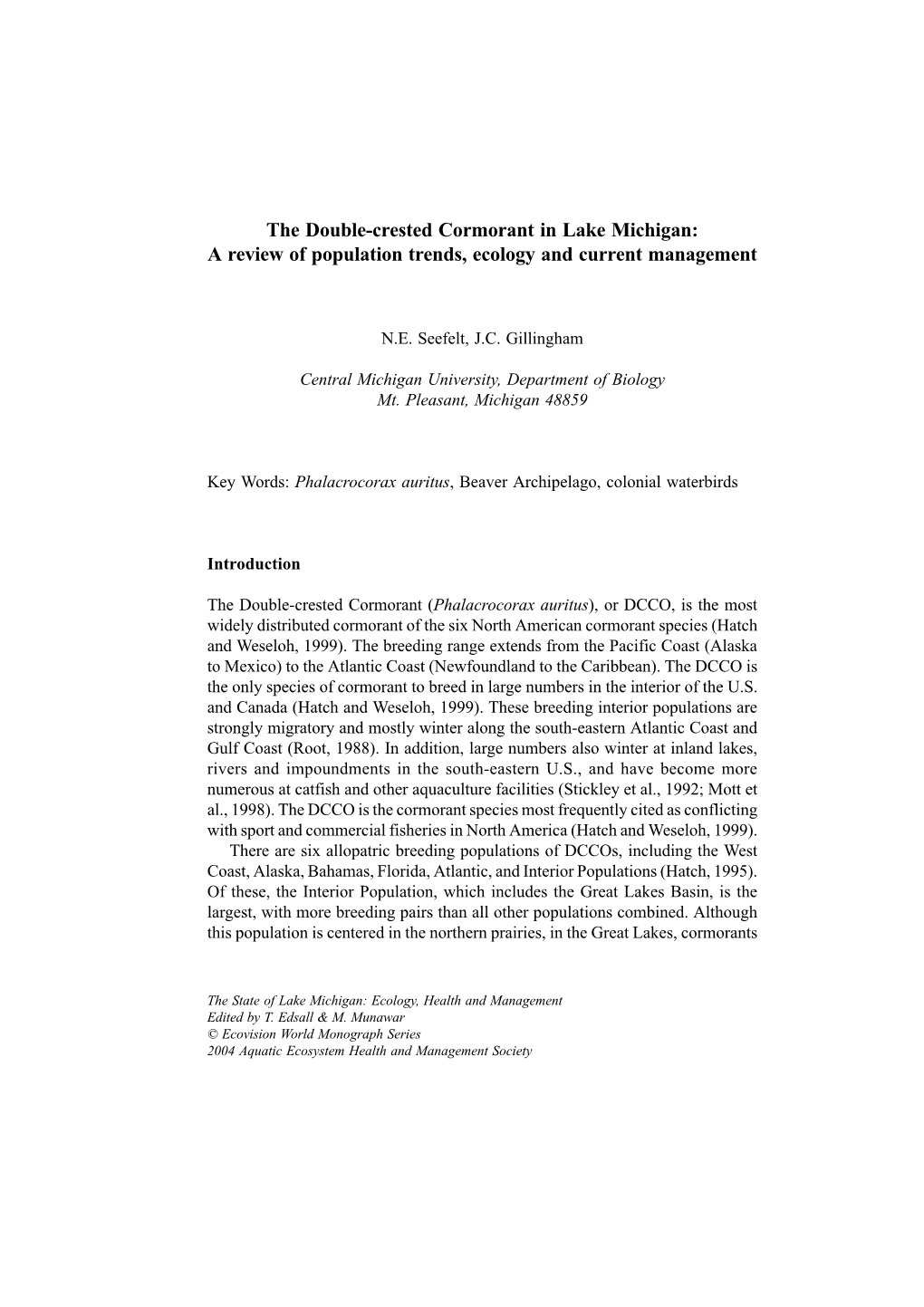 The Double-Crested Cormorant in Lake Michigan: a Review of Population Trends, Ecology and Current Management